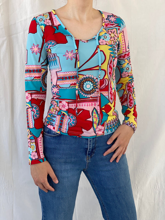 Vintage Colorful Mandala Floral Print Blouse Long Sleeve Groovy Top - M - Balagan Vintage Full Sleeve Top 00s, Ayah, floral, floral top, groovy, groovy print, summer, women top
