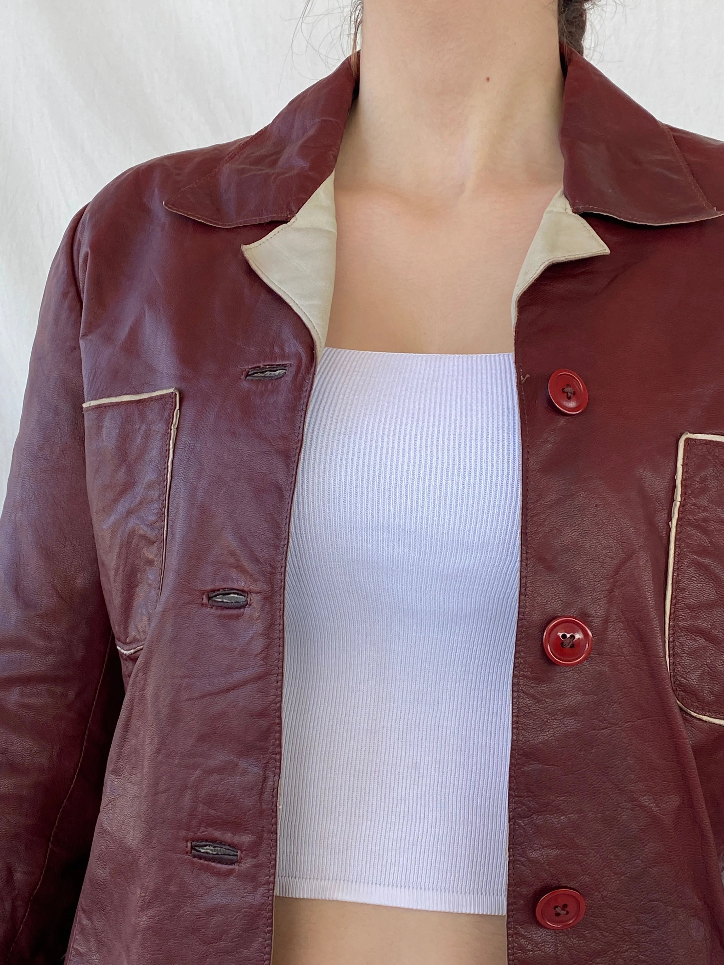 Vintage Conbipel Burgundy Genuine Leather Women’s Blazer Jacket - L - Balagan Vintage Leather Jacket Ayah, Coats&Jackets, genuine leather, genuine leather jacket, leather jacket, red leather, Women's Blazers, Women's Leather Jackets