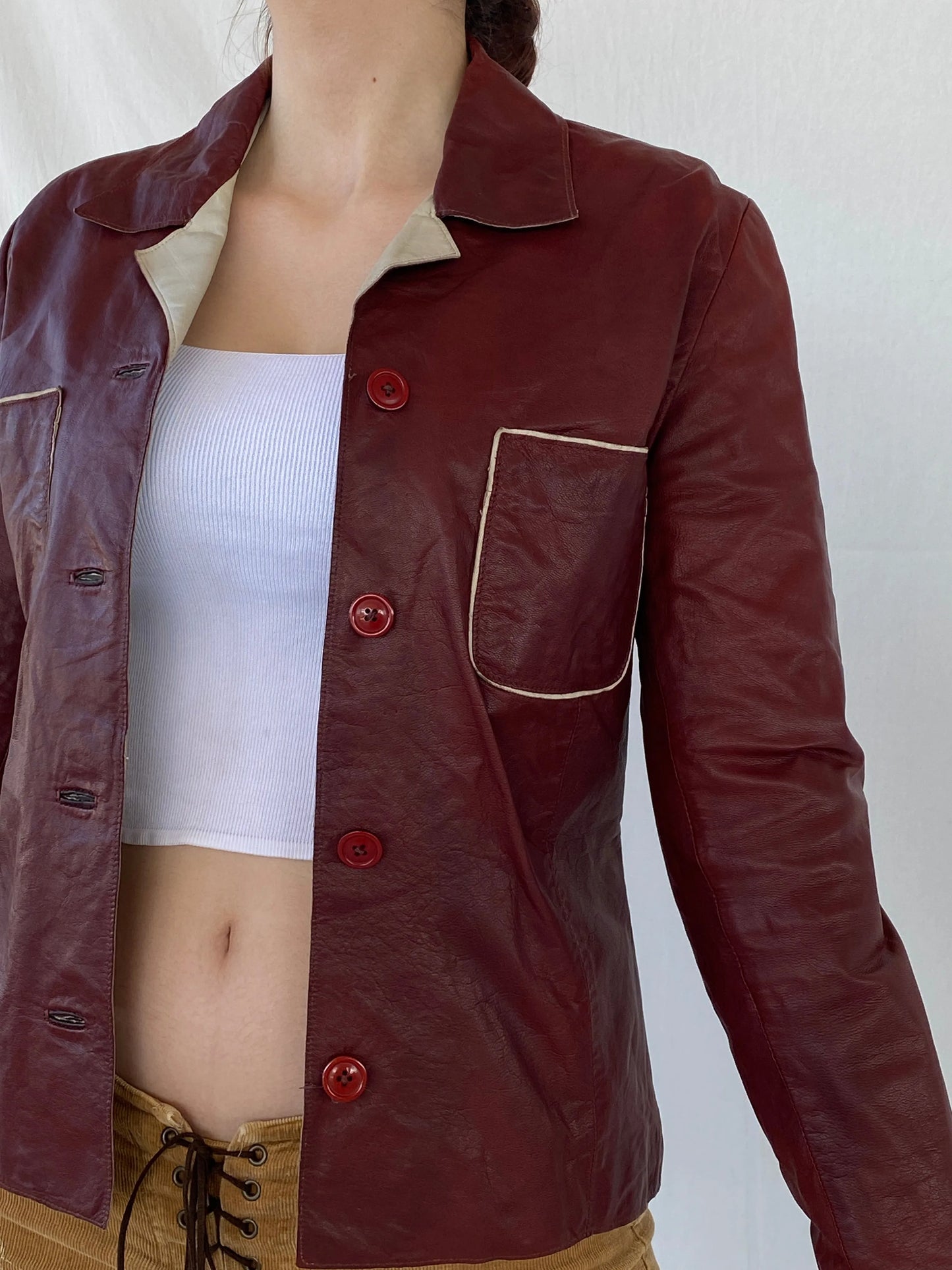 Vintage Conbipel Burgundy Genuine Leather Women’s Blazer Jacket - L - Balagan Vintage Leather Jacket Ayah, Coats&Jackets, genuine leather, genuine leather jacket, leather jacket, red leather, Women's Blazers, Women's Leather Jackets