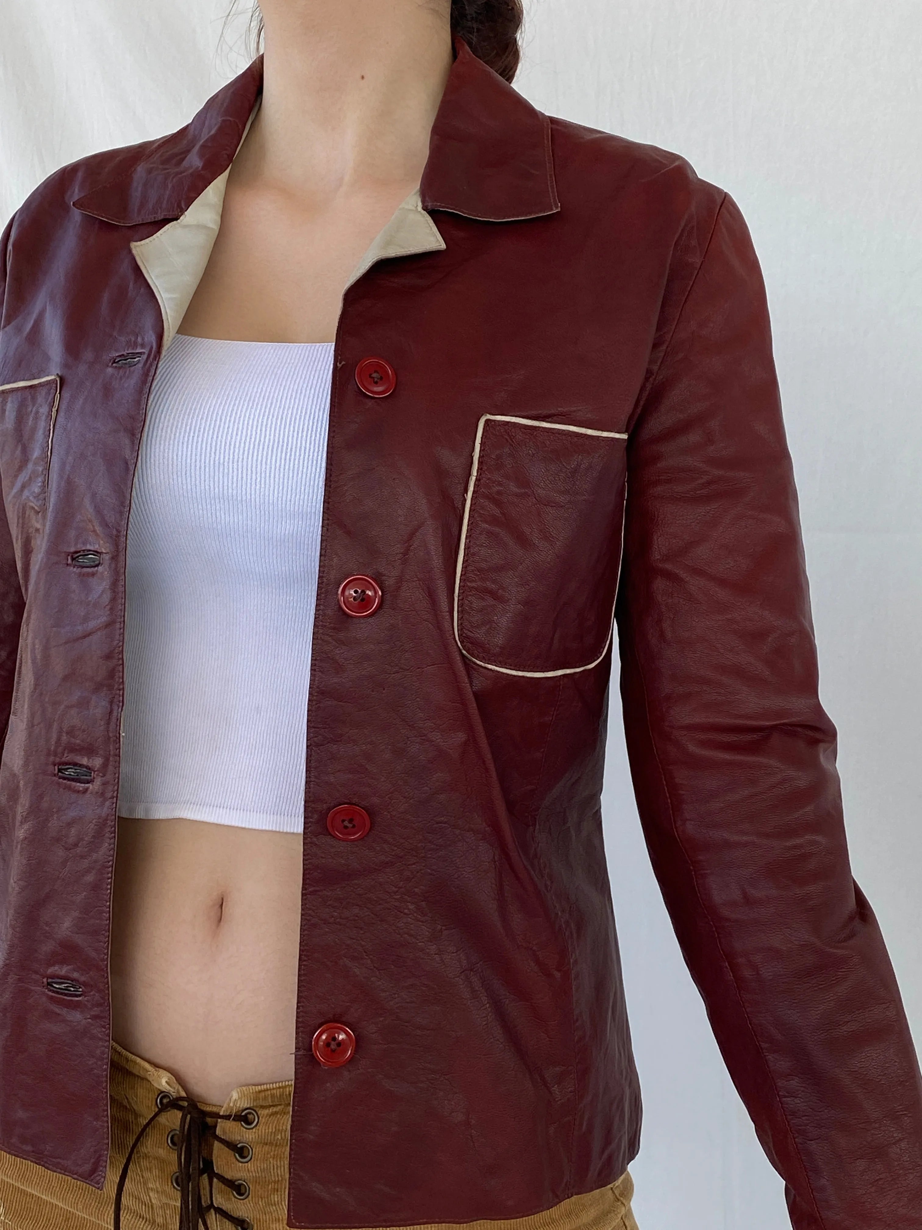 Vintage Conbipel Burgundy Genuine Leather Women’s Blazer Jacket - L - Balagan Vintage Leather Jacket Ayah, Coats&Jackets, genuine leather, genuine leather jacket, leather jacket, red leather, Women's Blazers, Women's Leather Jackets