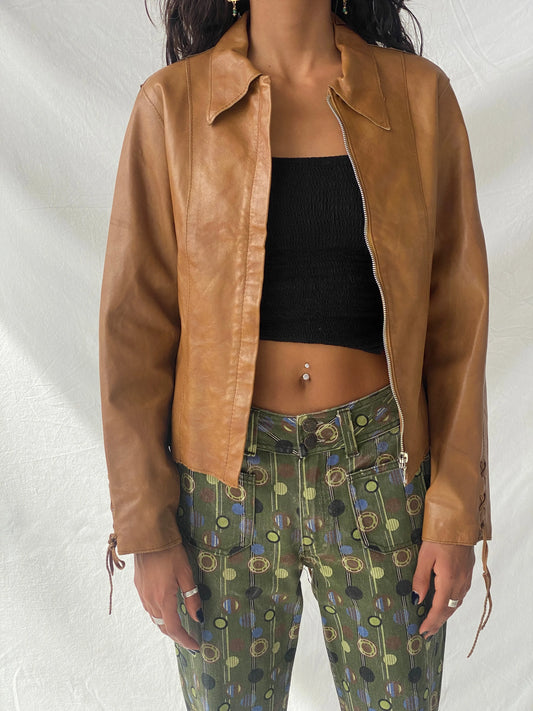 Vintage Conbipel Camel Genuine Leather Lace-up Detail Women’s Jacket - S - Balagan Vintage Leather Jacket 90s, Coats&Jackets, genuine leather, genuine leather jacket, Tojan, winter, Women's Leather Jackets