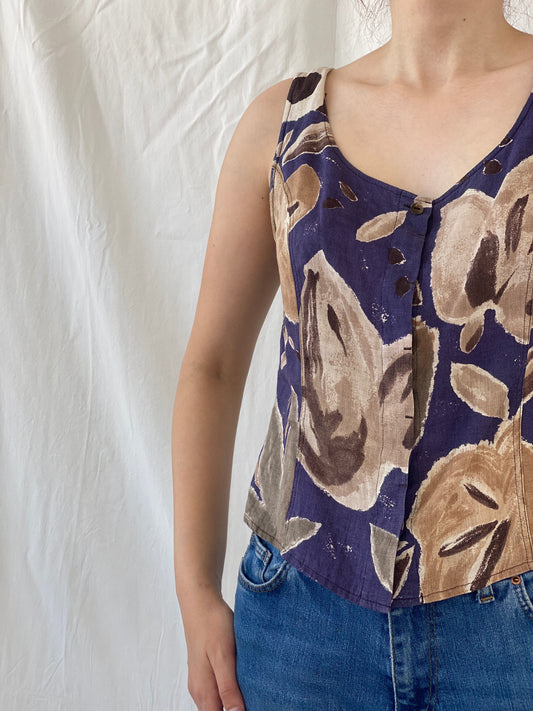 Vintage COPINES Abstract Floral Navy Beige Sleeveless Shirt - M - Balagan Vintage Sleeveless Top 00s, Ayah, floral, floral shirt, linen, sleeveless top, striped shirt, summer