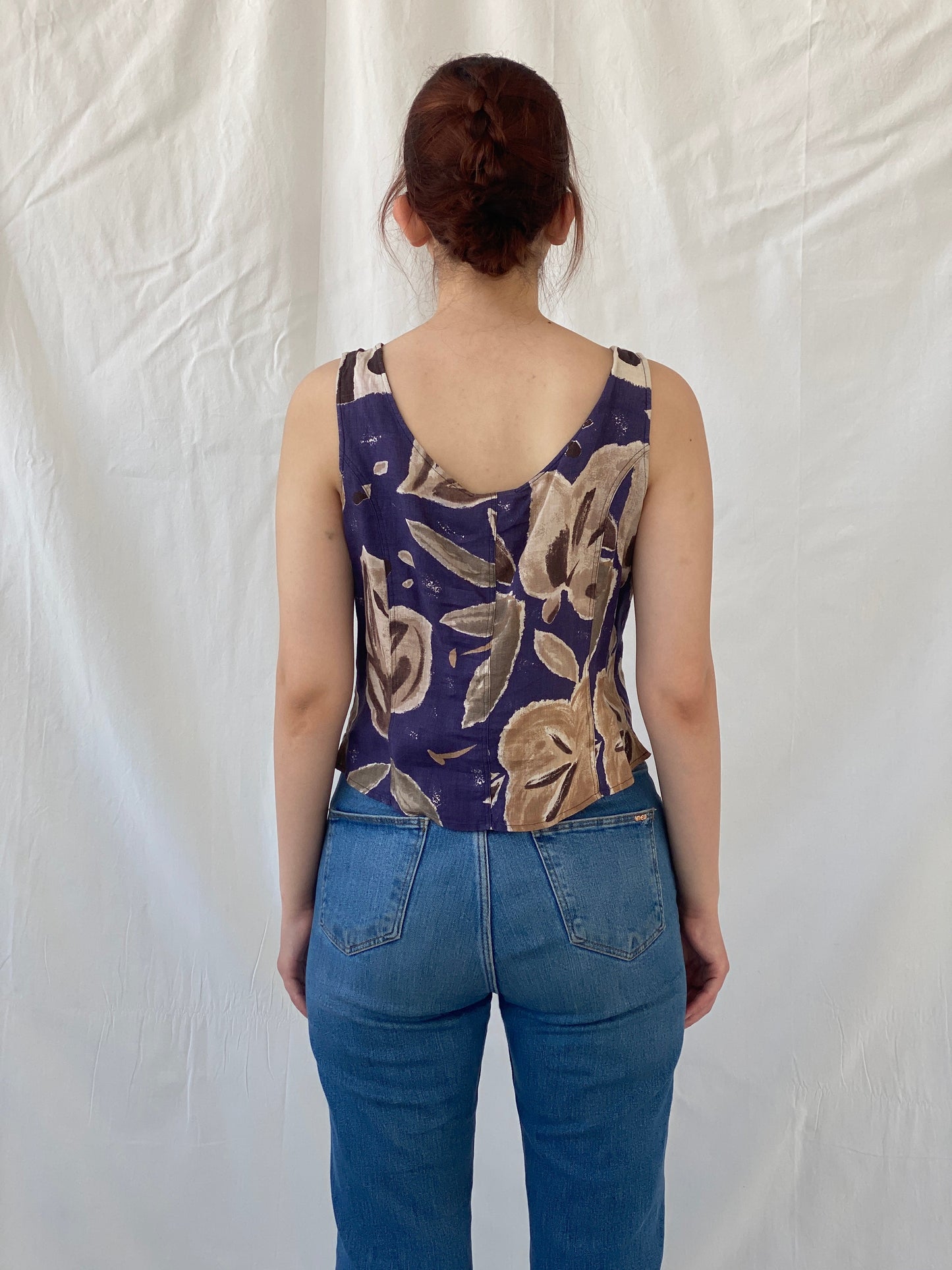 Vintage COPINES Abstract Floral Navy Beige Sleeveless Shirt - M - Balagan Vintage Sleeveless Top 00s, Ayah, floral, floral shirt, linen, sleeveless top, striped shirt, summer