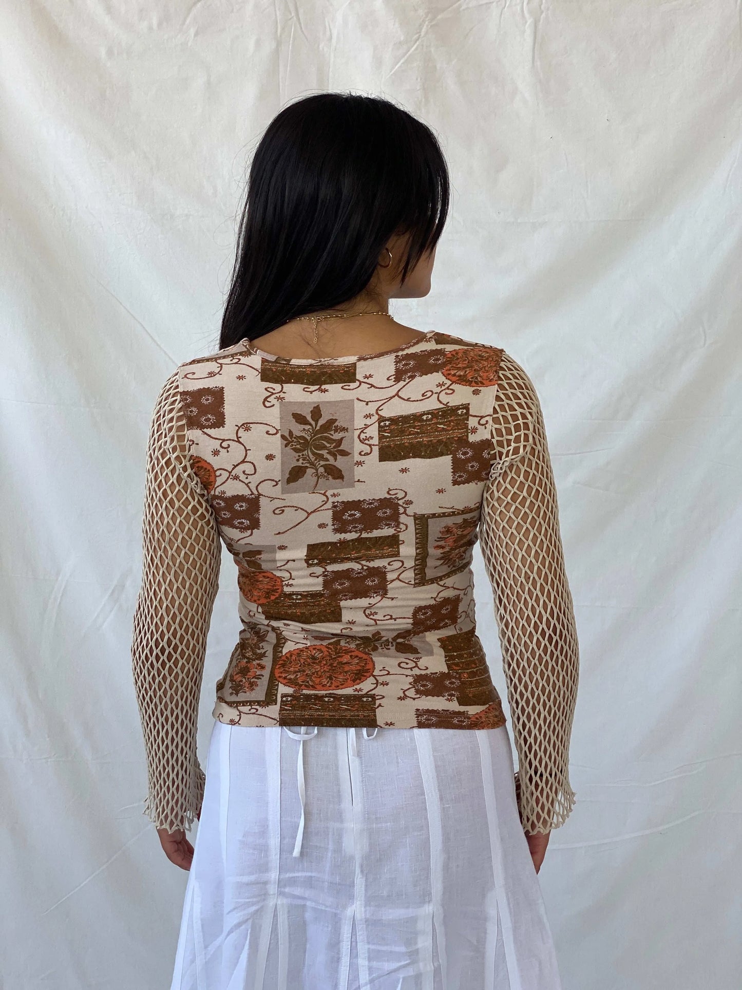 Vintage Cream Floral Long Sleeve Top With Fish Net Sleeves - S/M - Balagan Vintage Full Sleeve Top 00s, Lana, summer, Y2K