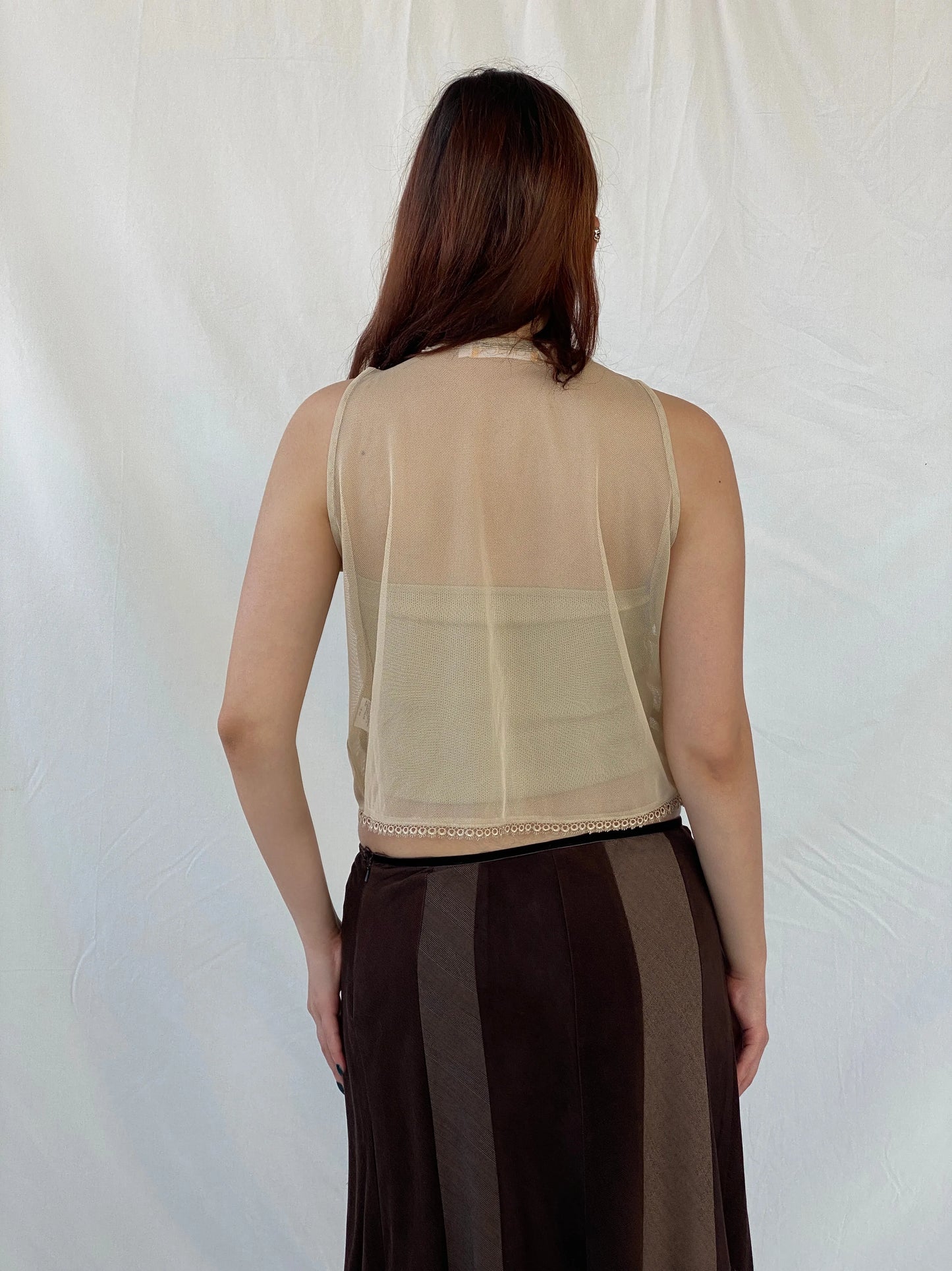 Vintage CRiSCA Beaded Coquette Beige Fairycore Mesh Vest - L - Balagan Vintage Vest 00s, Ayah, beaded, consignment, cropped vest, Melika, mesh, vest, women top