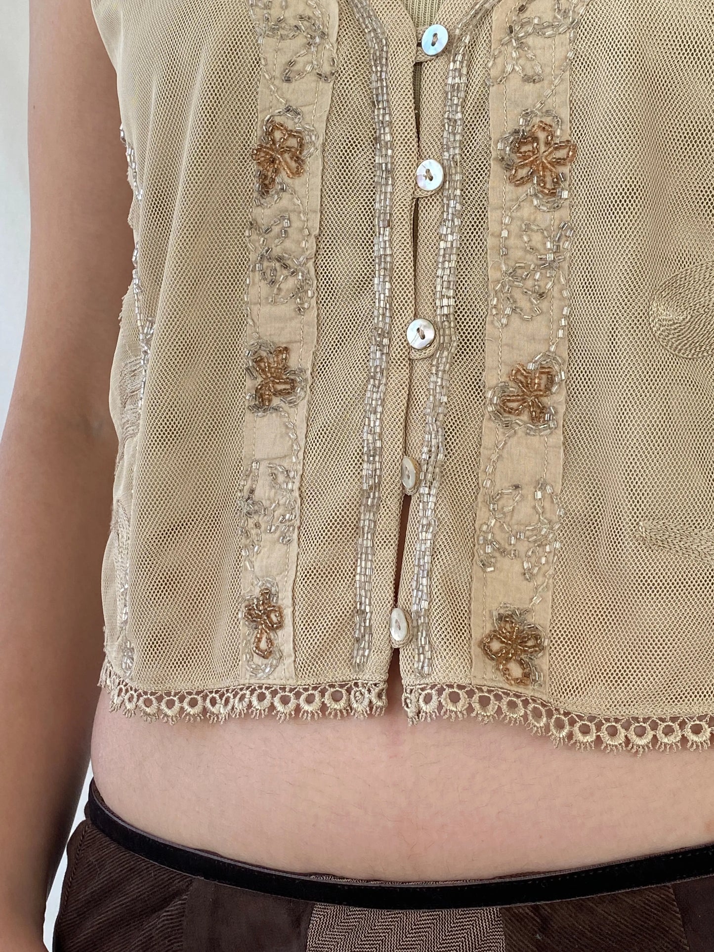 Vintage CRiSCA Beaded Coquette Beige Fairycore Mesh Vest - L - Balagan Vintage Vest 00s, Ayah, beaded, consignment, cropped vest, Melika, mesh, vest, women top