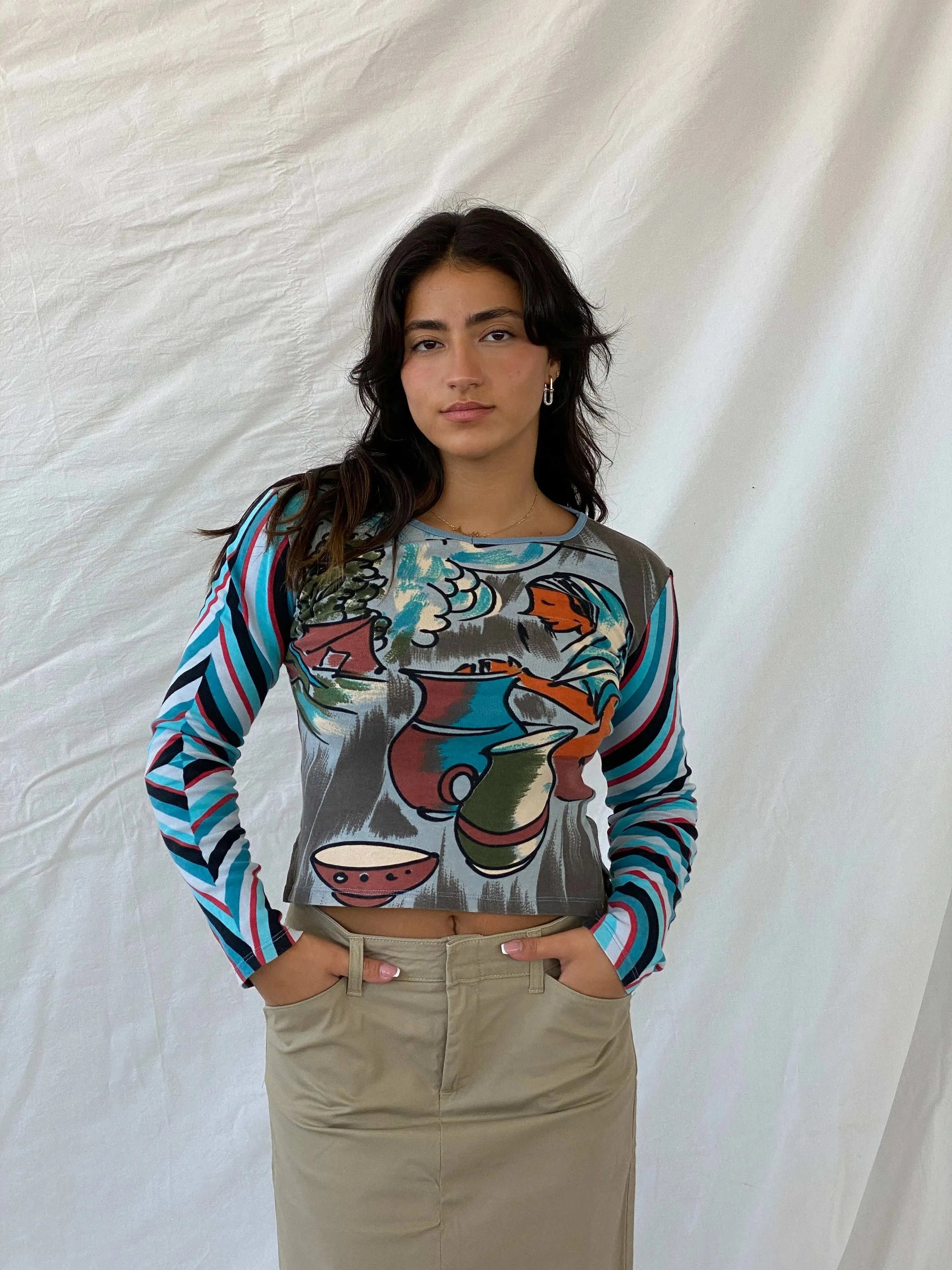 Vintage Custo Barcelona Graphic Blue Long Sleeve Cotton Top - M - Balagan Vintage Full Sleeve Top 90s, full sleeve top, graphic, graphic top, groovy, groovy print, Lana, women top