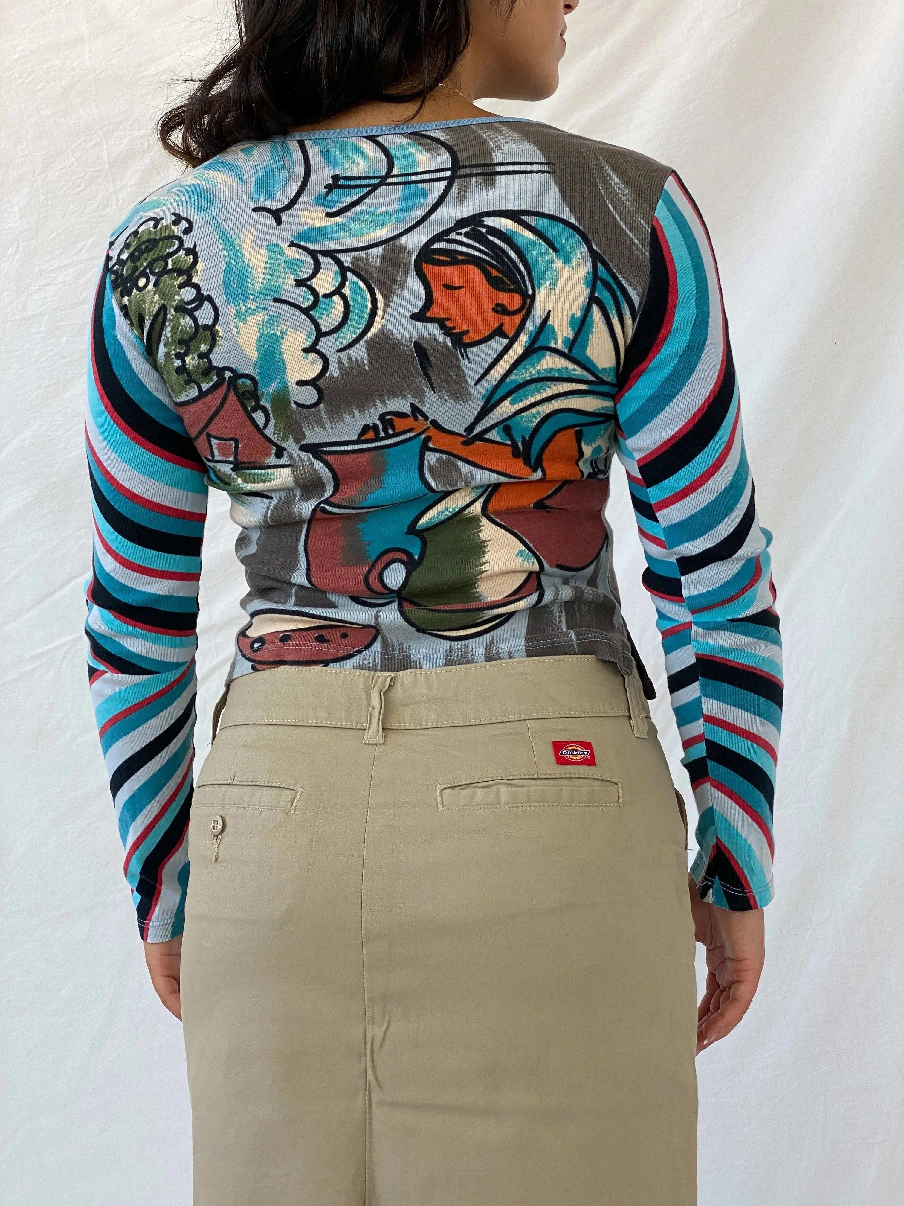 Vintage Custo Barcelona Graphic Blue Long Sleeve Cotton Top - M - Balagan Vintage Full Sleeve Top 90s, full sleeve top, graphic, graphic top, groovy, groovy print, Lana, women top