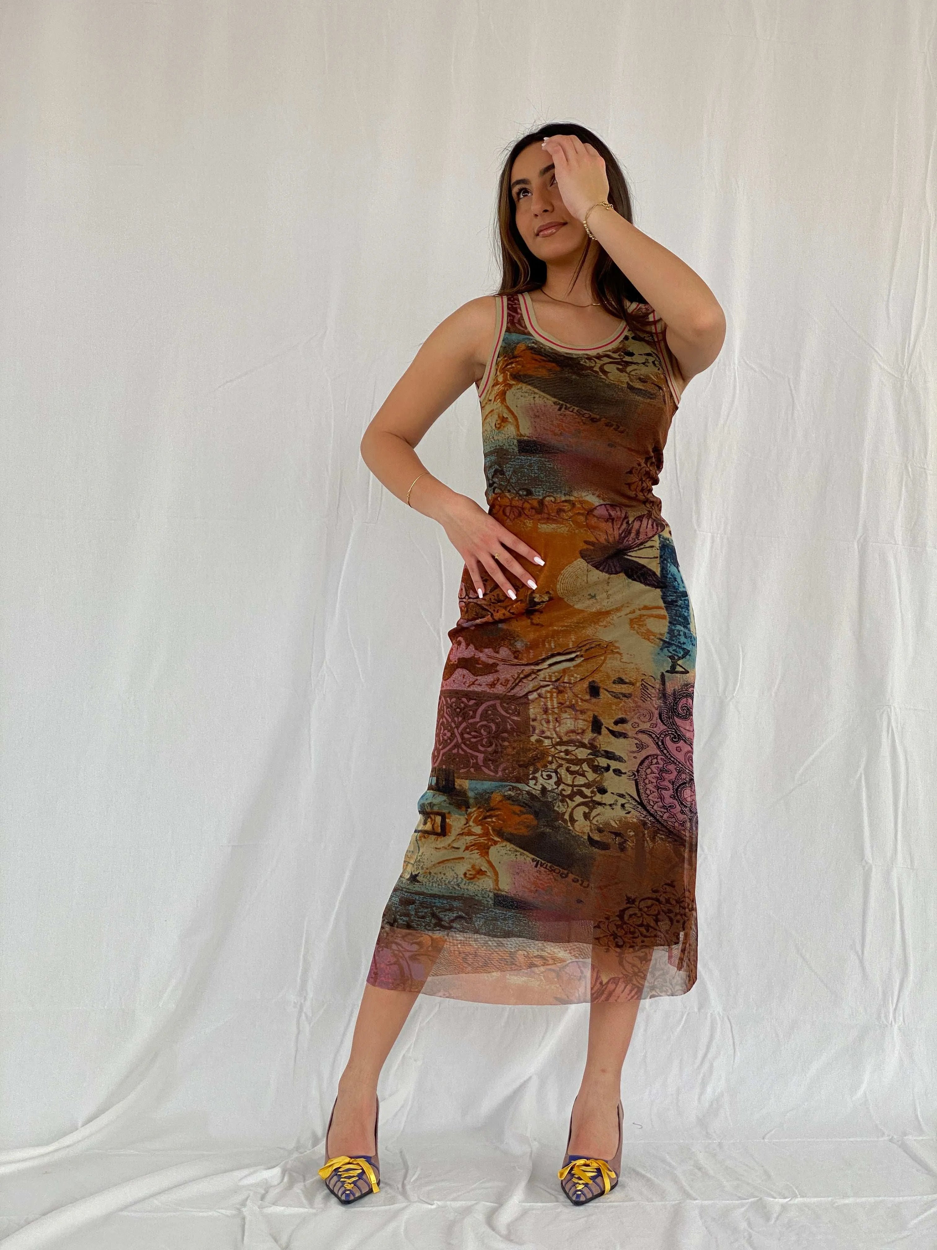 Vintage Deca De Vows a Nows Printed Mesh Maxi Dress - Size M - Balagan Vintage Maxi Dress 00s, 00s dress, maxi dress, mesh, Rama