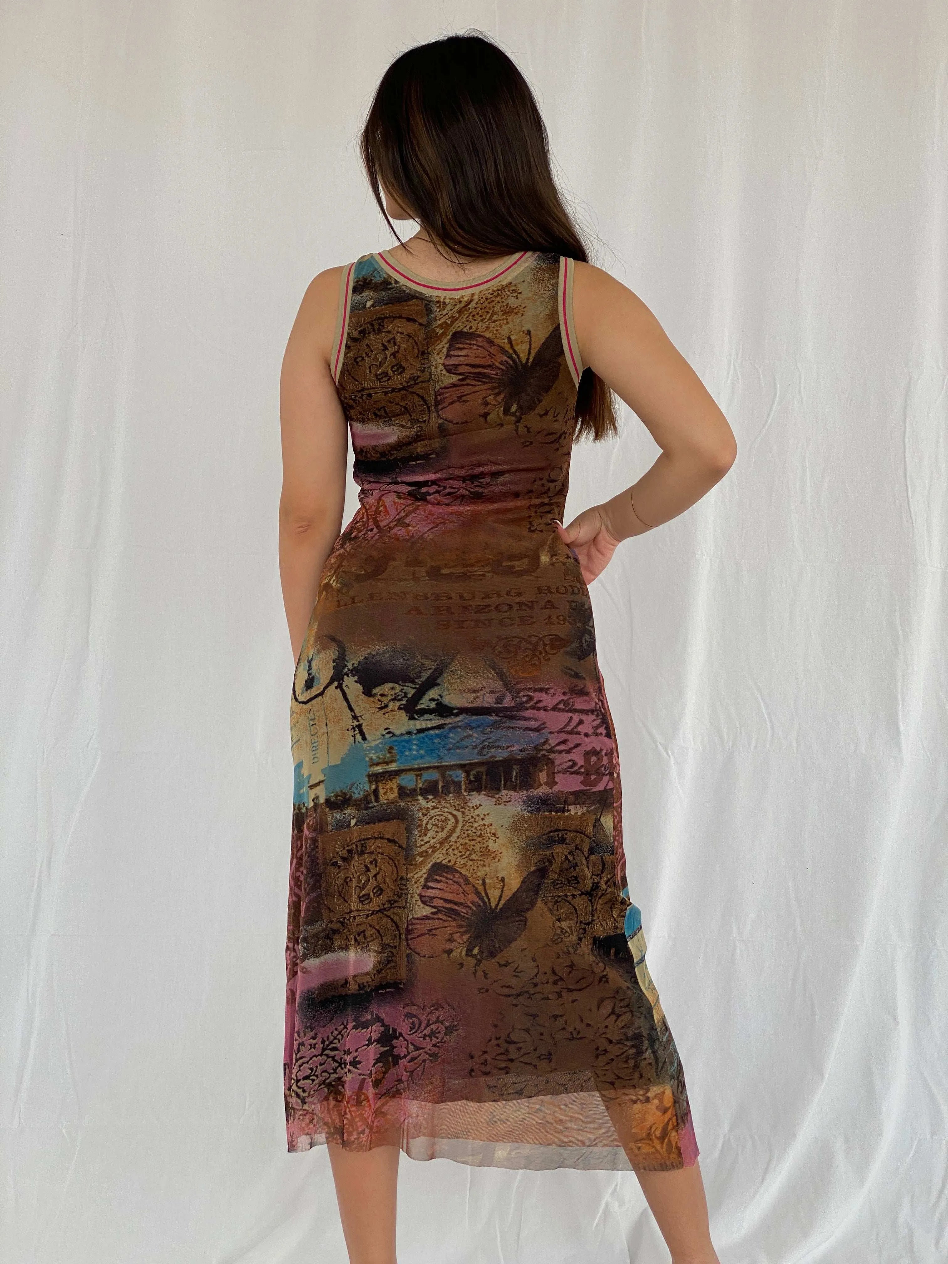 Vintage Deca De Vows a Nows Printed Mesh Maxi Dress - Size M - Balagan Vintage Maxi Dress 00s, 00s dress, maxi dress, mesh, Rama