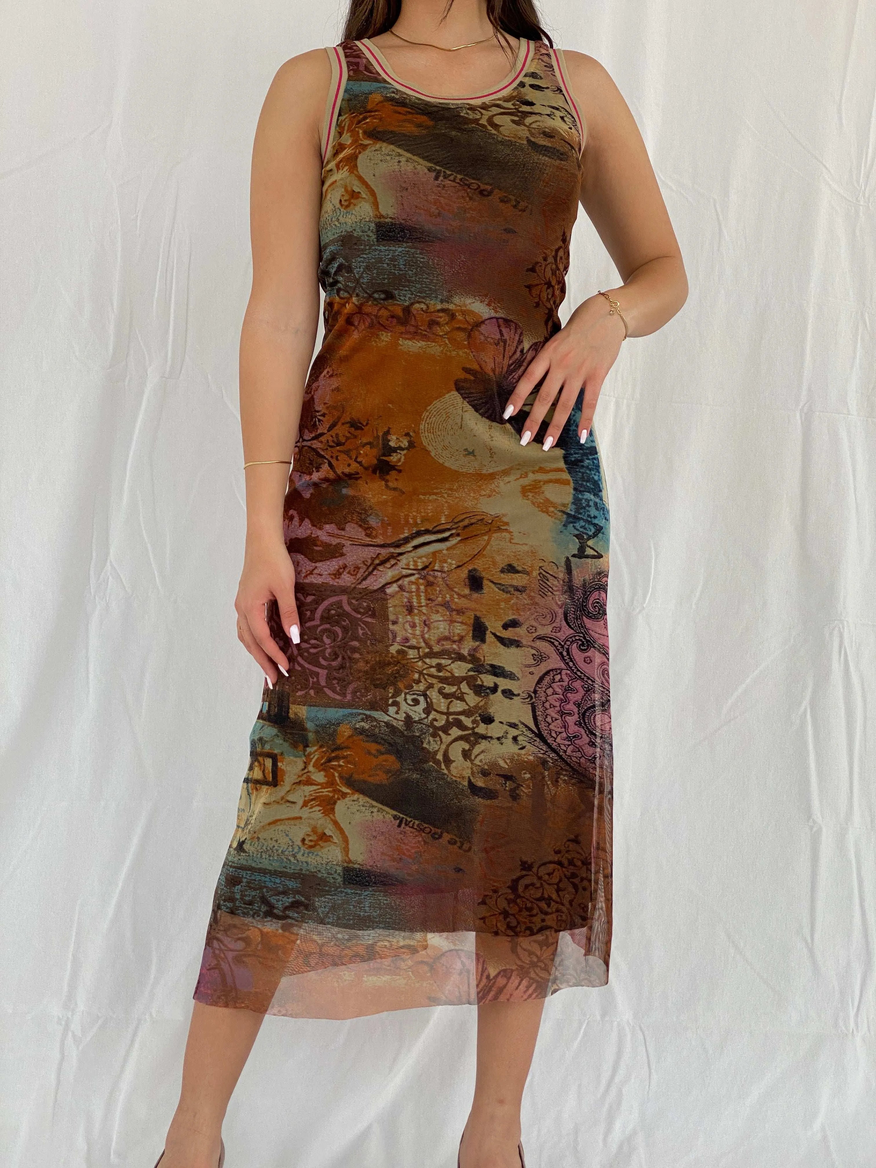 Vintage Deca De Vows a Nows Printed Mesh Maxi Dress - Size M - Balagan Vintage Maxi Dress 00s, 00s dress, maxi dress, mesh, Rama