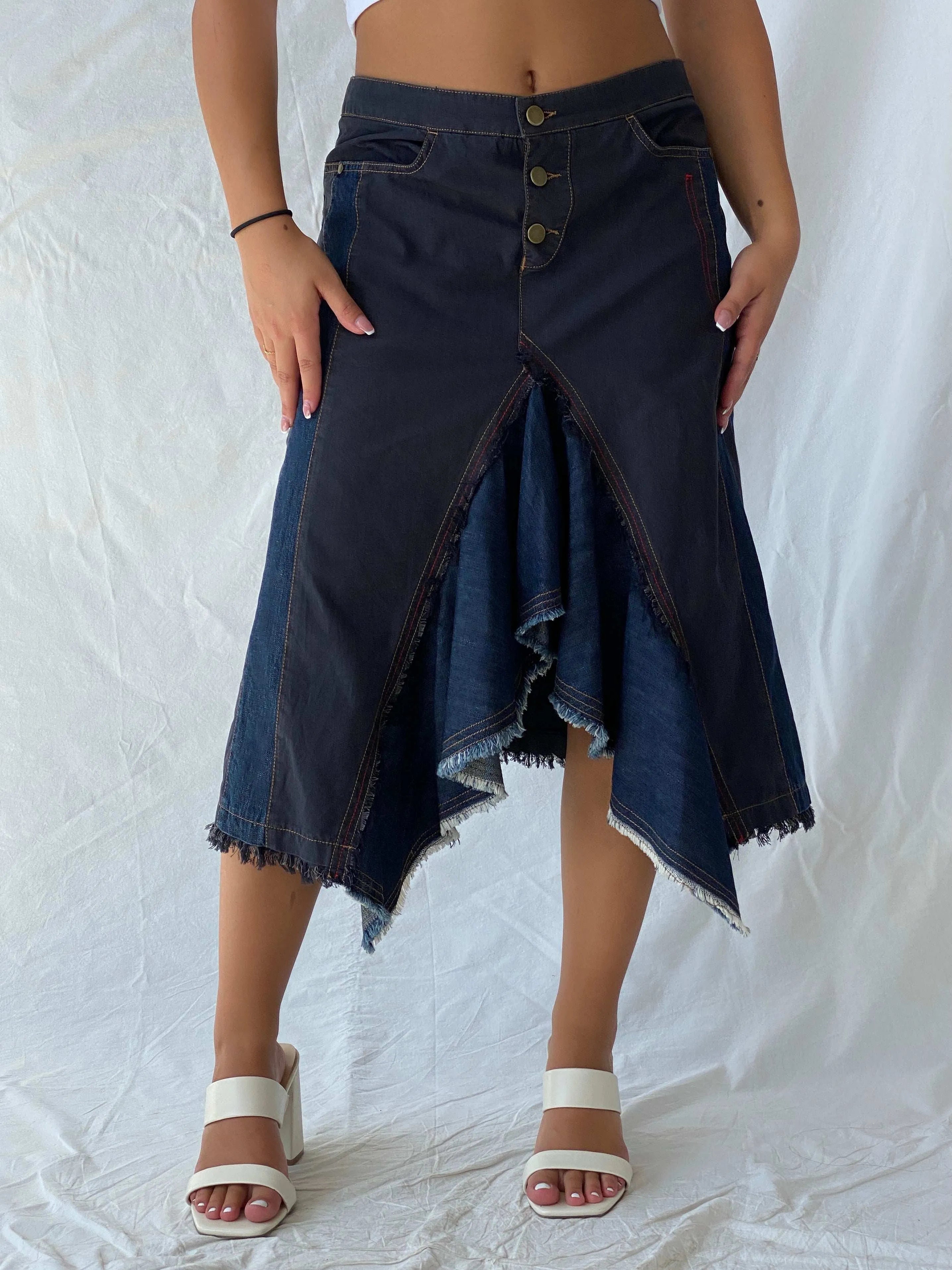 Vintage DELA VEGA Asymmetric Frayed Hem Denim Midi Skirt - L - Balagan Vintage Midi Skirt 00s, denim, denim skirt, Lana, midi skirt, summer