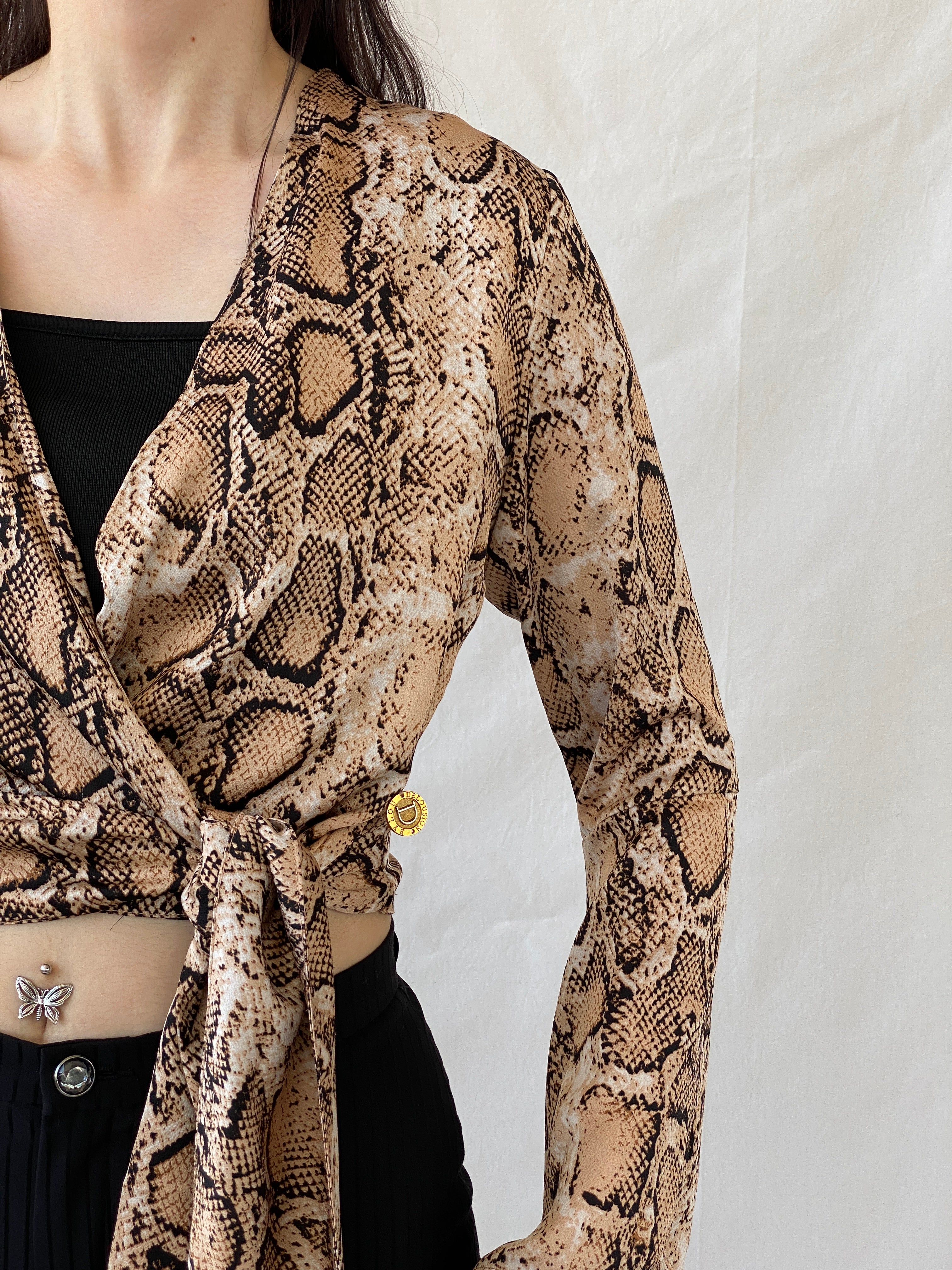 Vintage Delousion by Lou Snake Print Brown Beige Bell Sleeve Wrap Crop Top - S - Balagan Vintage Wrap Top 00s, Ayah, NEW IN, summer, women top, wrap top