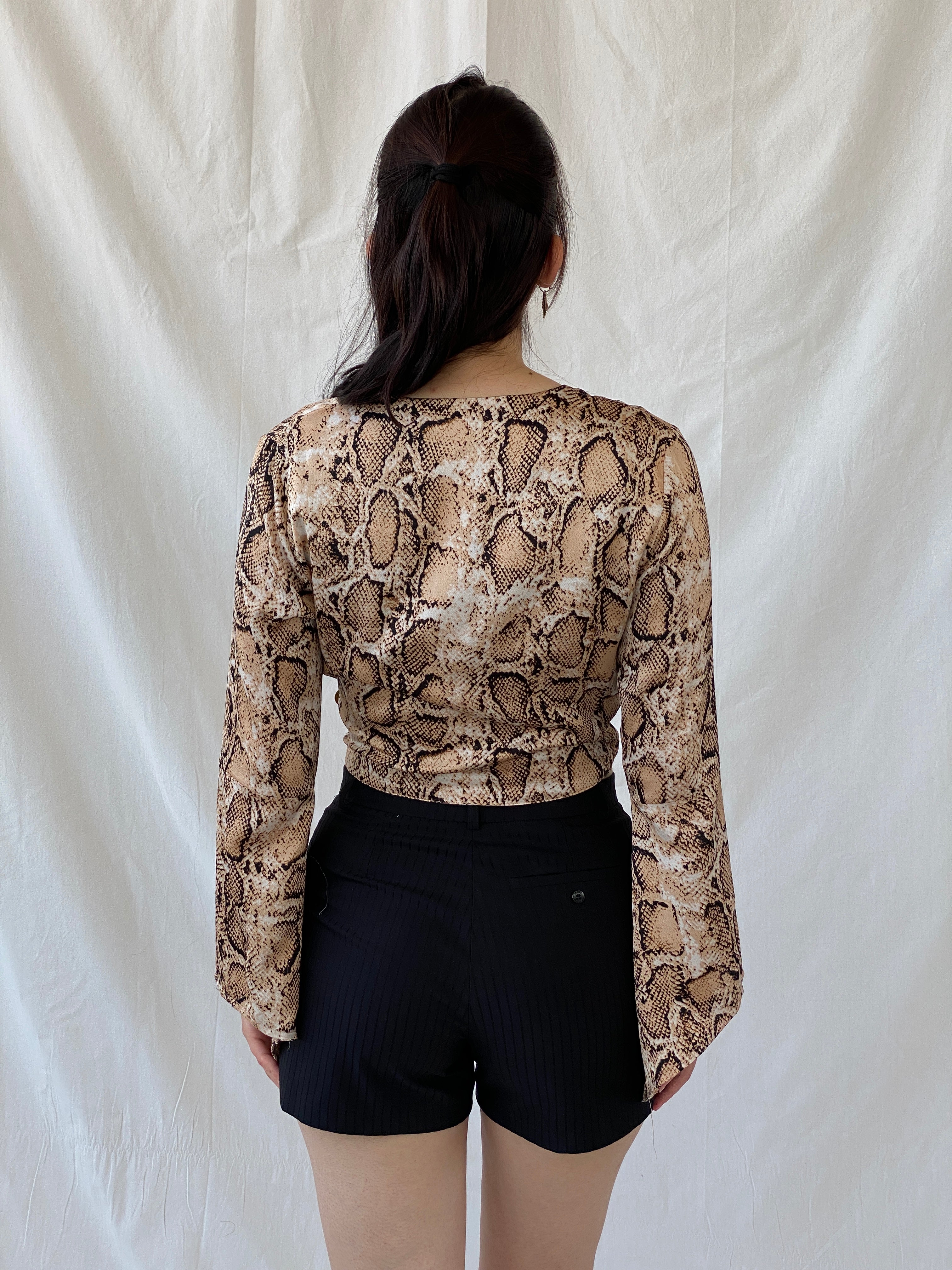 Vintage Delousion by Lou Snake Print Brown Beige Bell Sleeve Wrap Crop Top - S - Balagan Vintage Wrap Top 00s, Ayah, NEW IN, summer, women top, wrap top