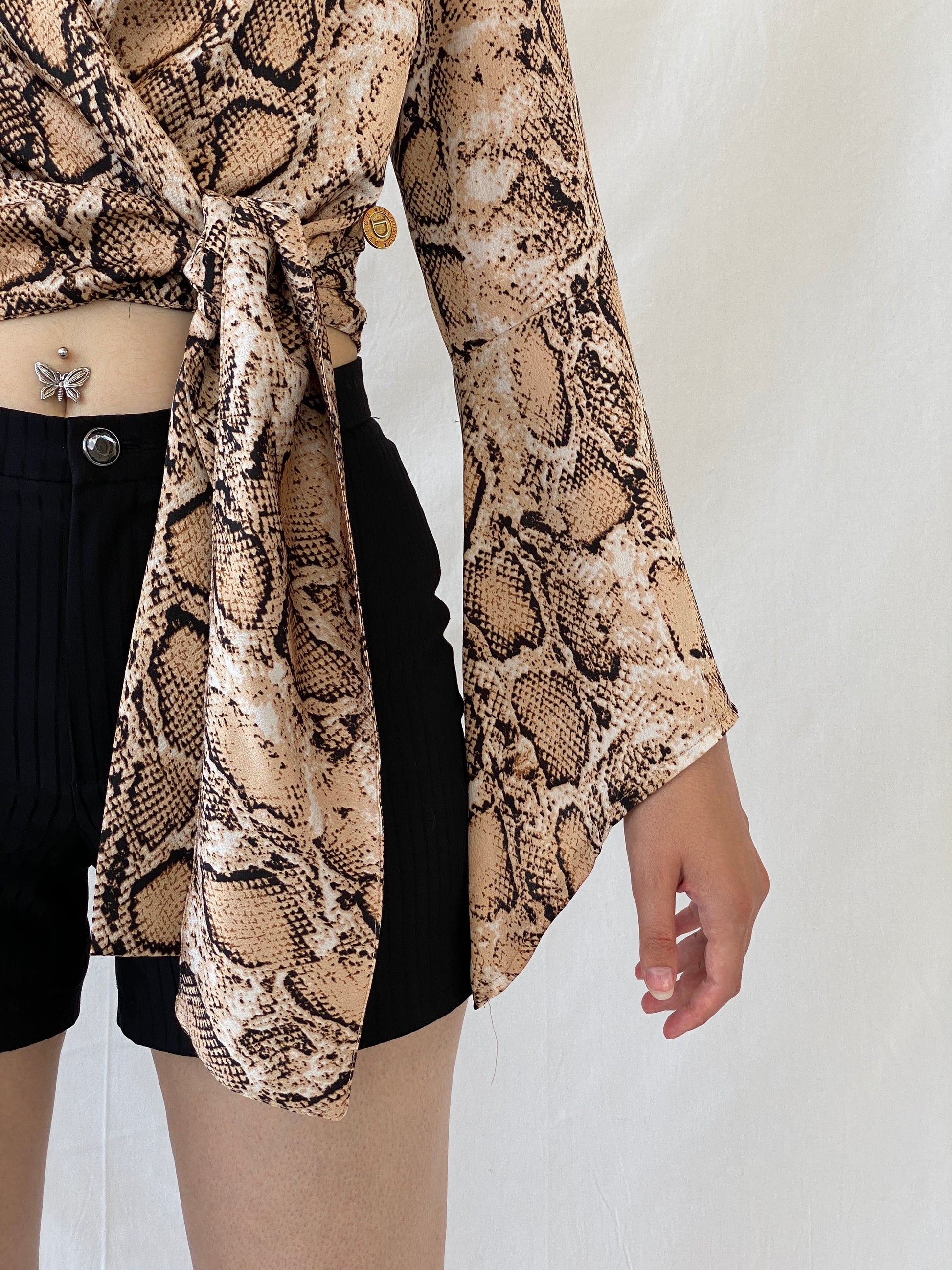 Vintage Delousion by Lou Snake Print Brown Beige Bell Sleeve Wrap Crop Top - S - Balagan Vintage Wrap Top 00s, Ayah, NEW IN, summer, women top, wrap top