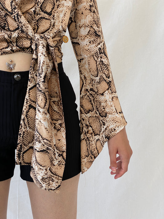 Vintage Delousion by Lou Snake Print Brown Beige Bell Sleeve Wrap Crop Top - S - Balagan Vintage Wrap Top 00s, Ayah, NEW IN, summer, women top, wrap top