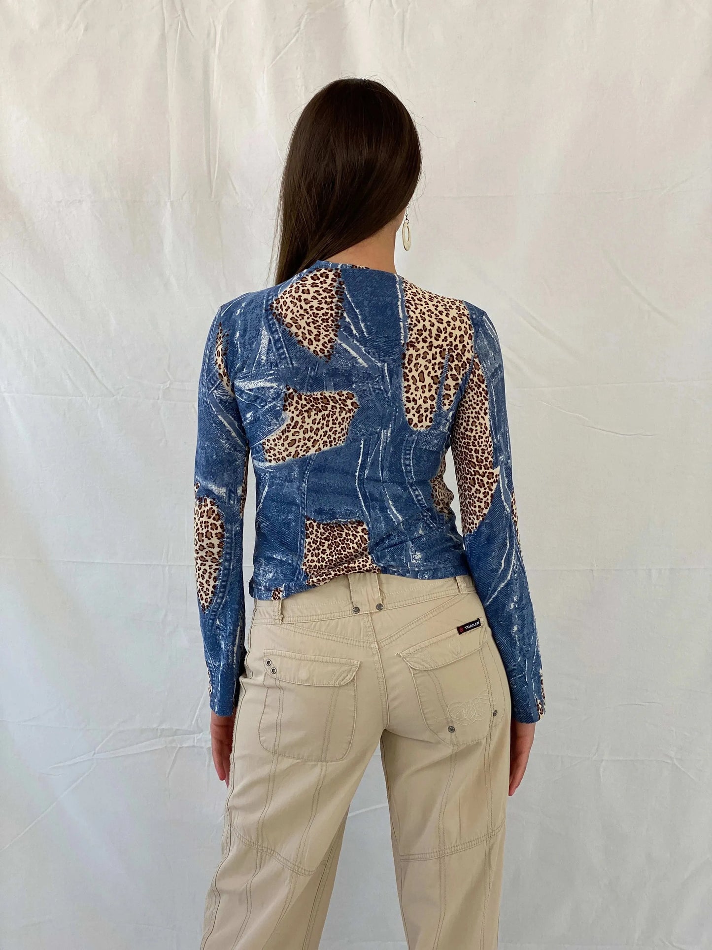 Vintage Denim and Animal Print Long Sleeve Top - S - Balagan Vintage Full Sleeve Top 90s, animal print, denim top, leopard print, Mira, women top