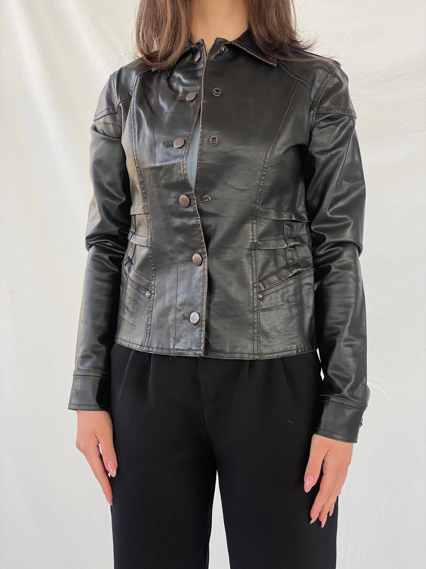 Vintage Distressed Black Structured Leather Clip Up Jacket - XS - Balagan Vintage Leather Jacket 90s, black leather, Christine, genuine leather, genuine leather jacket, leather jacket, winter