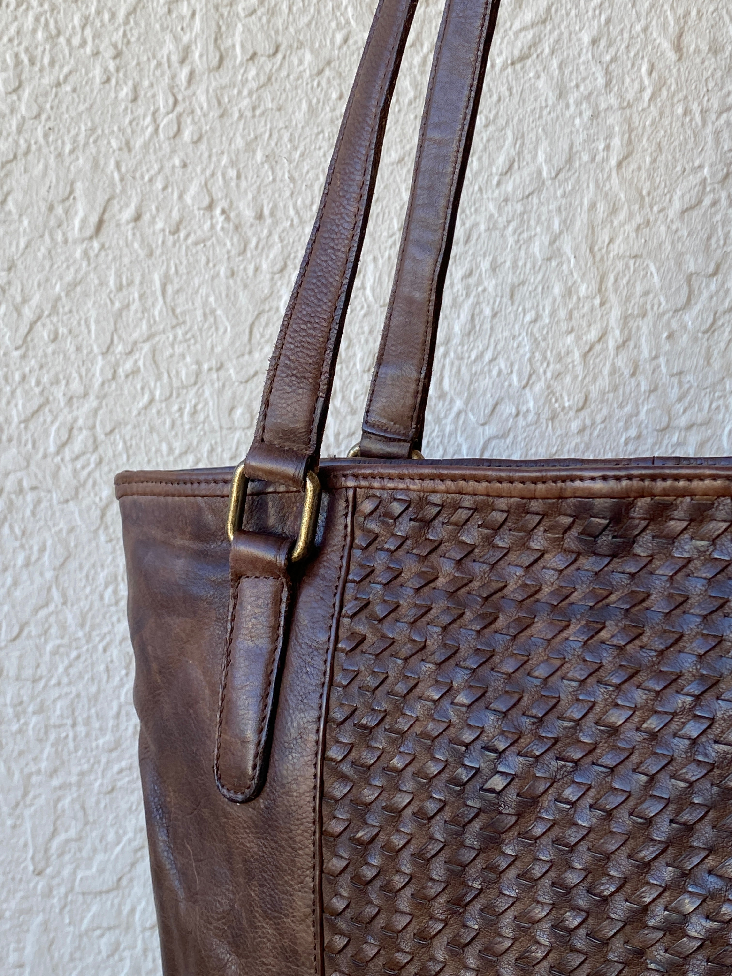 Vintage Distressed Brown Genuine Indian Woven Leather Tote Shoulder Bag - Balagan Vintage Shoulder Bag 00s, 90s, bag, genuine leather, shoulder bag, summer, Y2K
