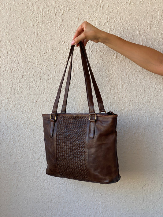 Vintage Distressed Brown Genuine Indian Woven Leather Tote Shoulder Bag - Balagan Vintage Shoulder Bag 00s, 90s, bag, genuine leather, shoulder bag, summer, Y2K