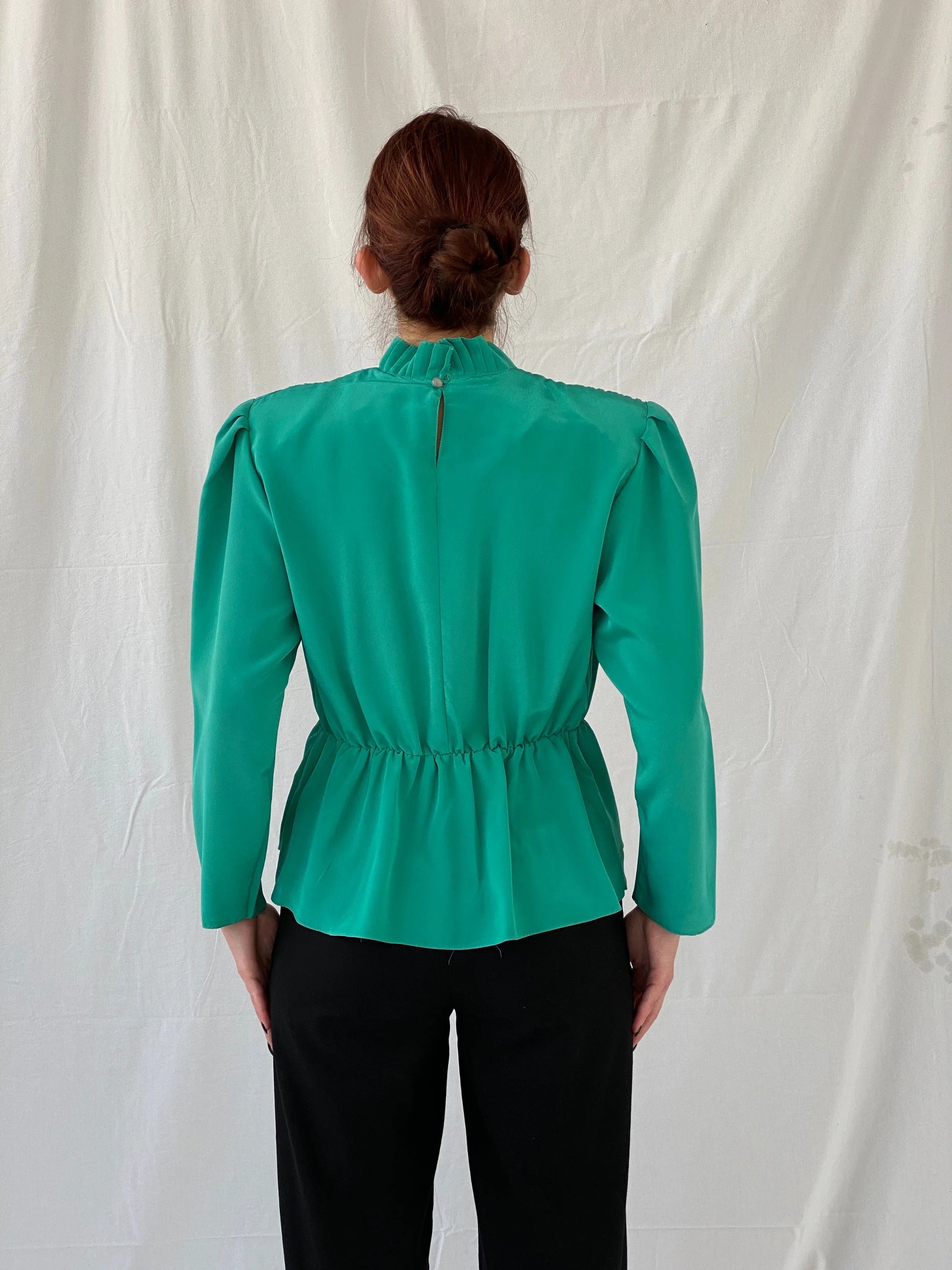 Vintage Doruk Green Embellished Padded Shoulders Long Sleeve Satin Blouse - L - Balagan Vintage Full sleeve Shirt 00s, Ayah, full sleeve shirt, shirt, women shirt