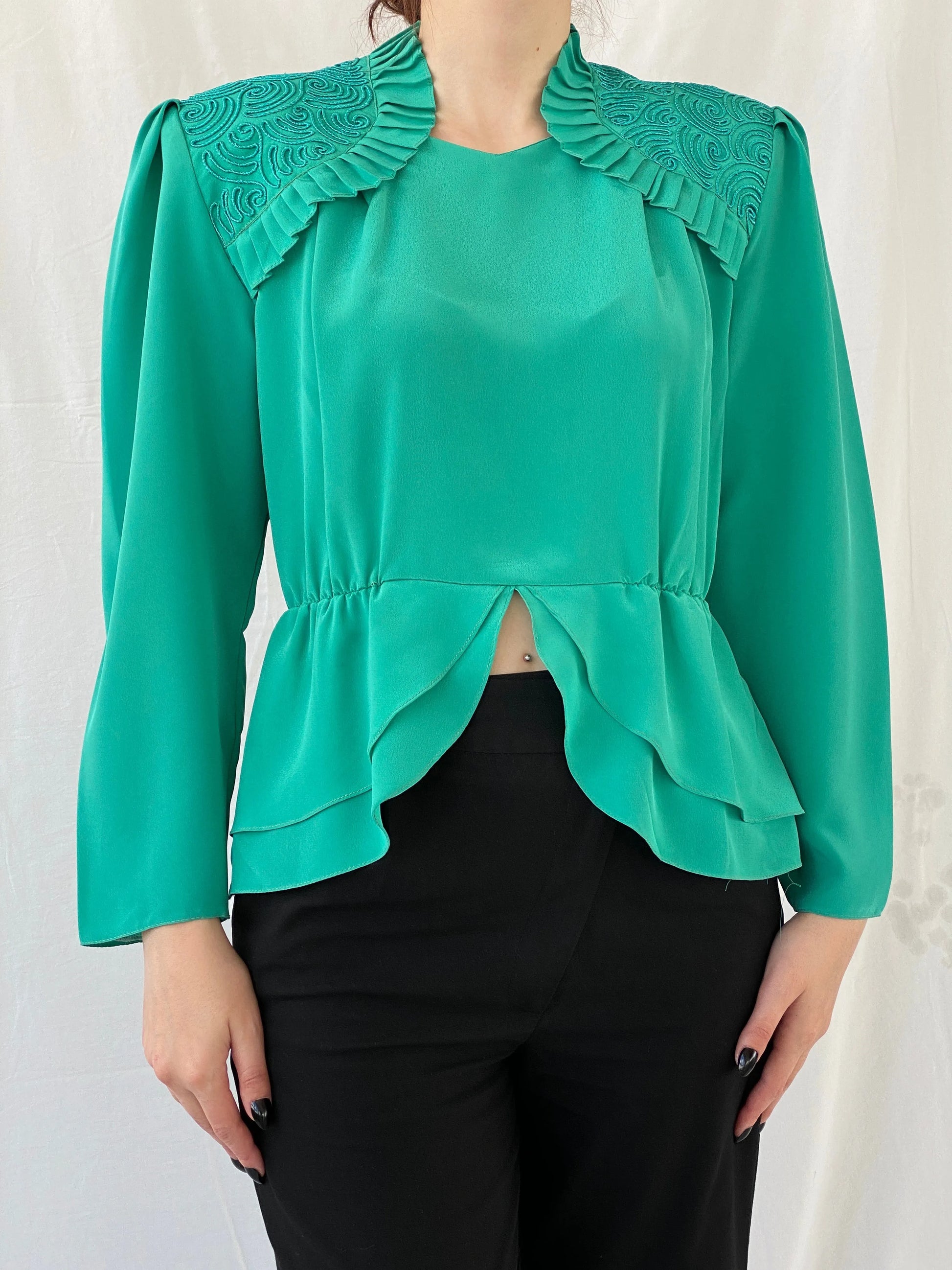 Vintage Doruk Green Embellished Padded Shoulders Long Sleeve Satin Blouse - L - Balagan Vintage Full sleeve Shirt 00s, Ayah, full sleeve shirt, shirt, women shirt