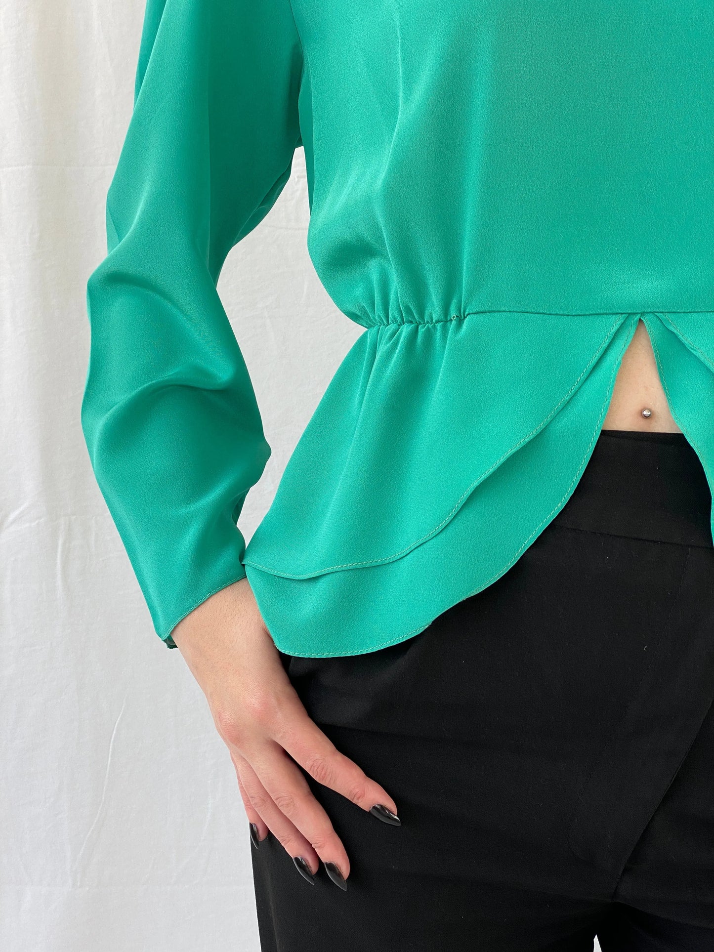 Vintage Doruk Green Embellished Padded Shoulders Long Sleeve Satin Blouse - L - Balagan Vintage Full sleeve Shirt 00s, Ayah, full sleeve shirt, shirt, women shirt