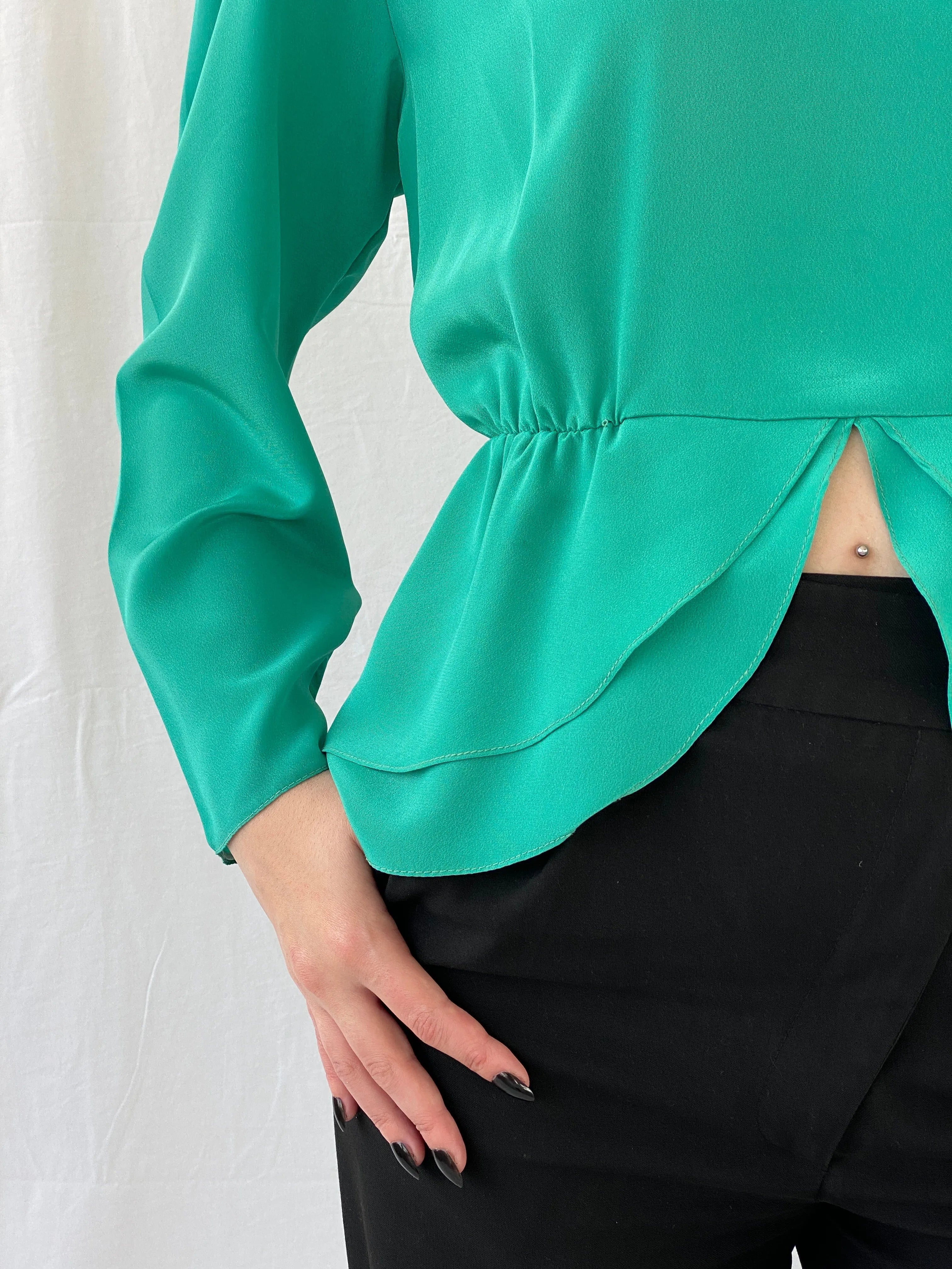 Vintage Doruk Green Embellished Padded Shoulders Long Sleeve Satin Blouse - L - Balagan Vintage Full sleeve Shirt 00s, Ayah, full sleeve shirt, shirt, women shirt
