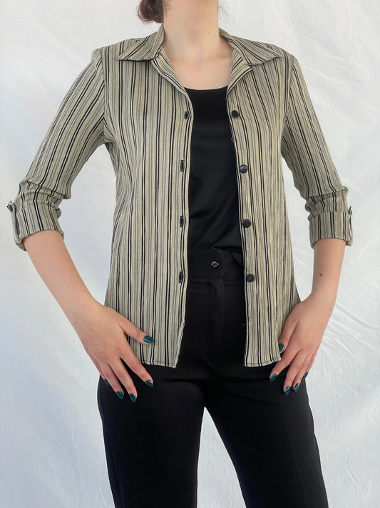 Vintage Dressbarn Women’s Black and Beige Striped Shirt with an Attached Blouse - M - Balagan Vintage Full sleeve Shirt 00s, Ayah, mesh, shirt, Top, women shirt, women top