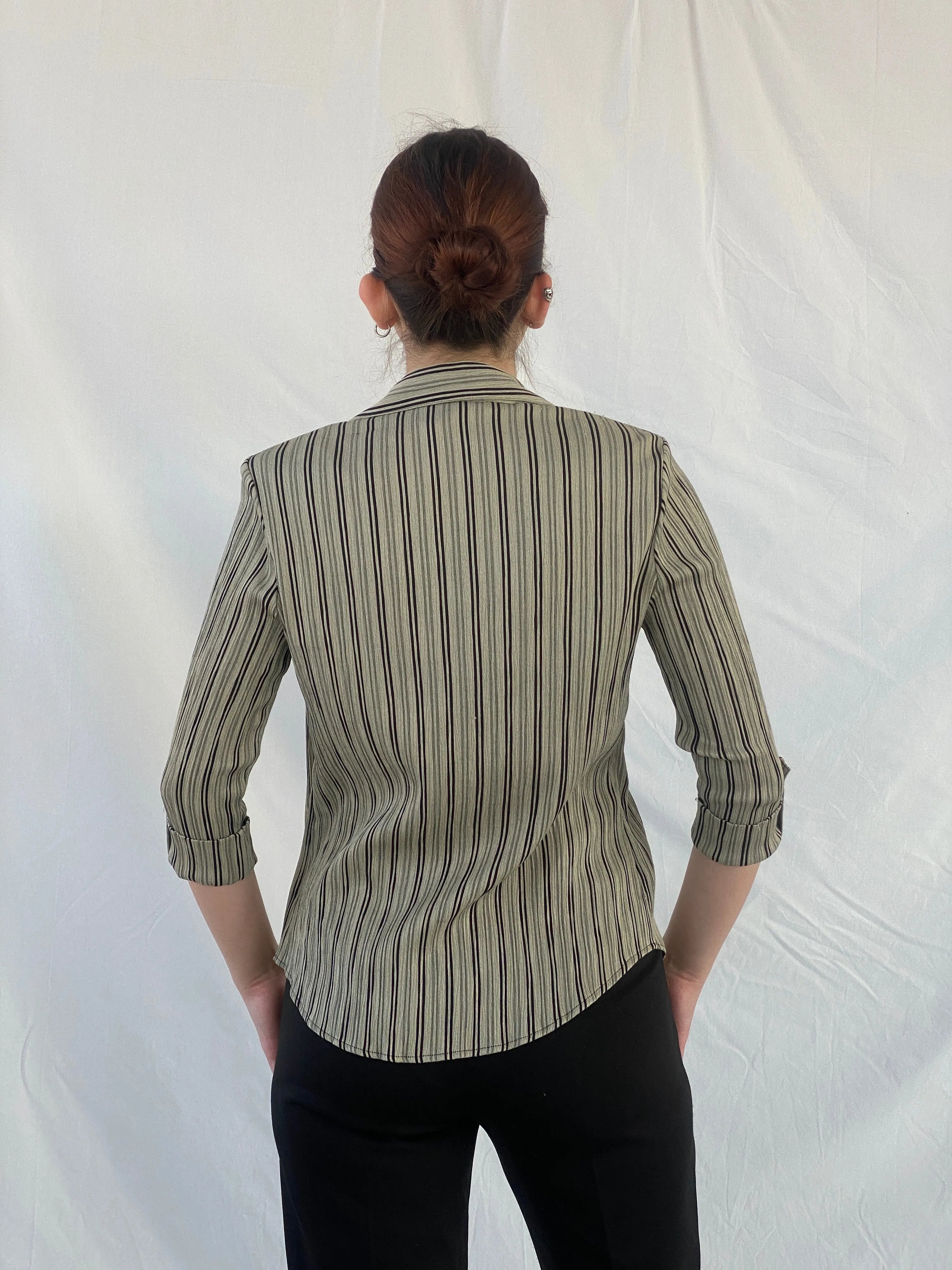 Vintage Dressbarn Women’s Black and Beige Striped Shirt with an Attached Blouse - M - Balagan Vintage Full sleeve Shirt 00s, Ayah, mesh, shirt, Top, women shirt, women top