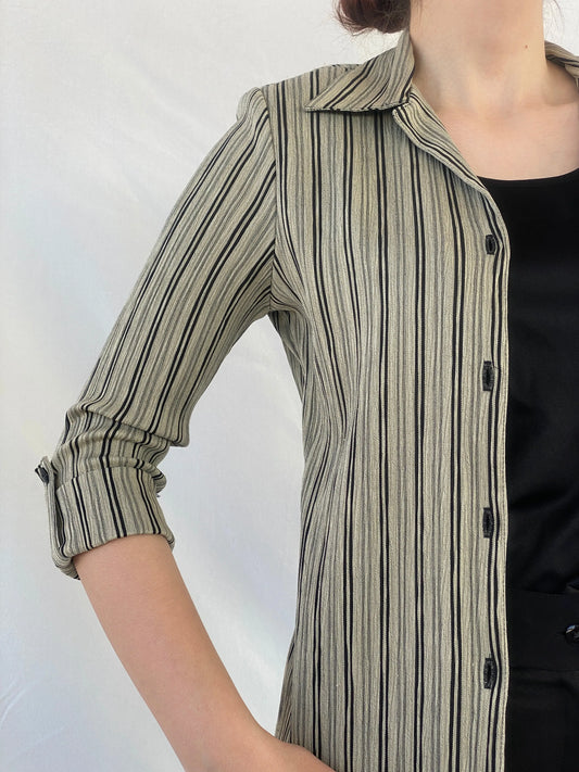 Vintage Dressbarn Women’s Black and Beige Striped Shirt with an Attached Blouse - M - Balagan Vintage Full sleeve Shirt 00s, Ayah, mesh, shirt, Top, women shirt, women top