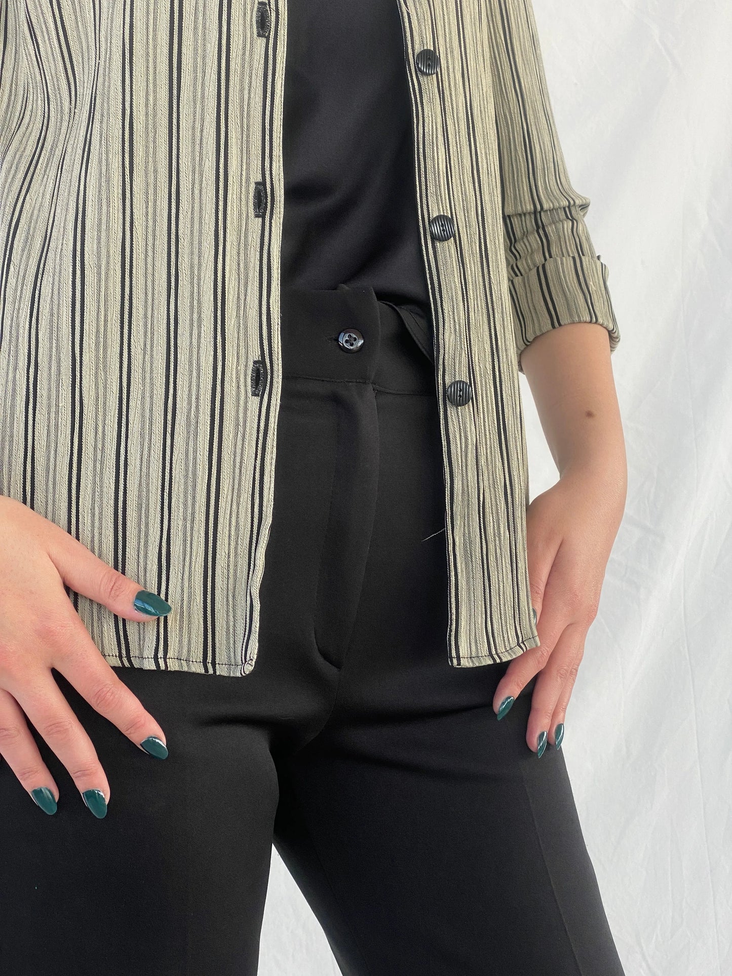 Vintage Dressbarn Women’s Black and Beige Striped Shirt with an Attached Blouse - M - Balagan Vintage Full sleeve Shirt 00s, Ayah, mesh, shirt, Top, women shirt, women top