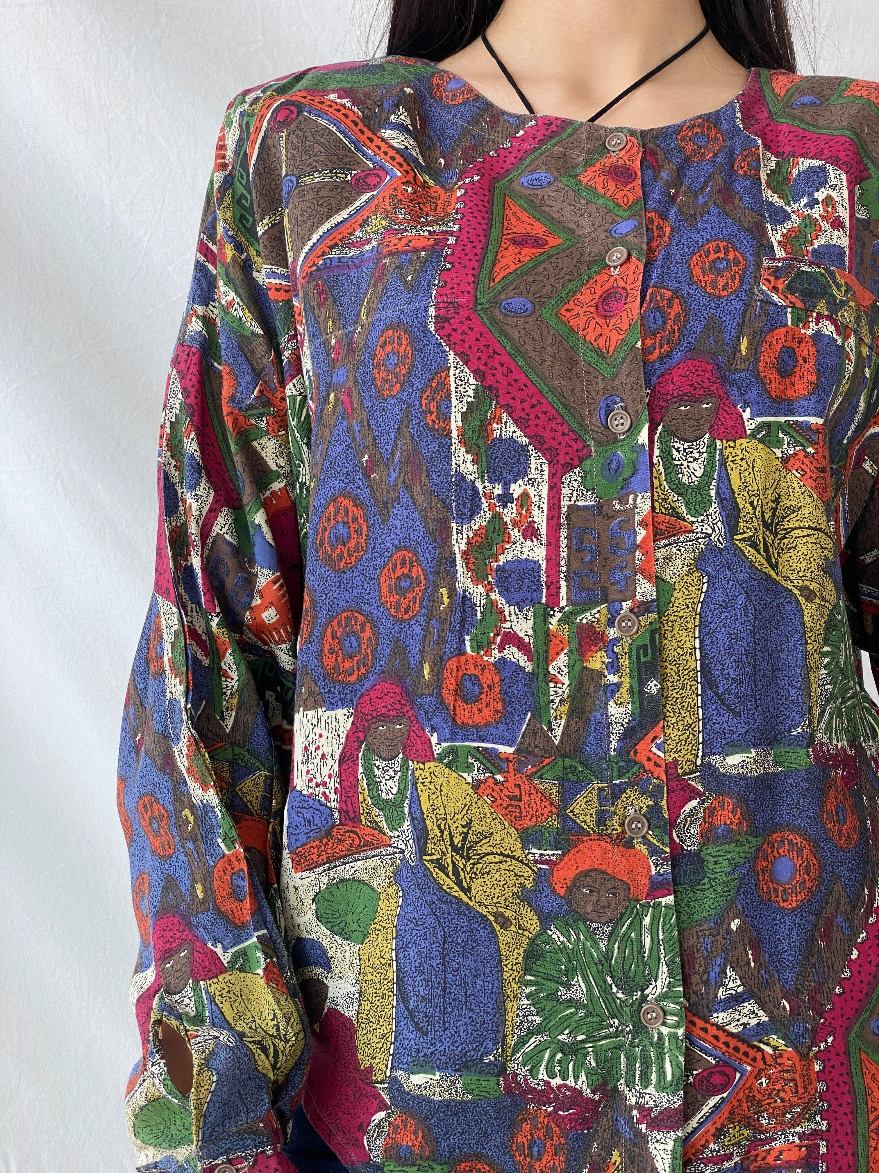 Vintage ECCO by C&A Tribal Afro Women’s Blouse Button Up Shirt - M - Balagan Vintage Full Sleeve Shirt 00s, cardigan, full sleeve top, printed shirt, Syntia, women shirt, women top