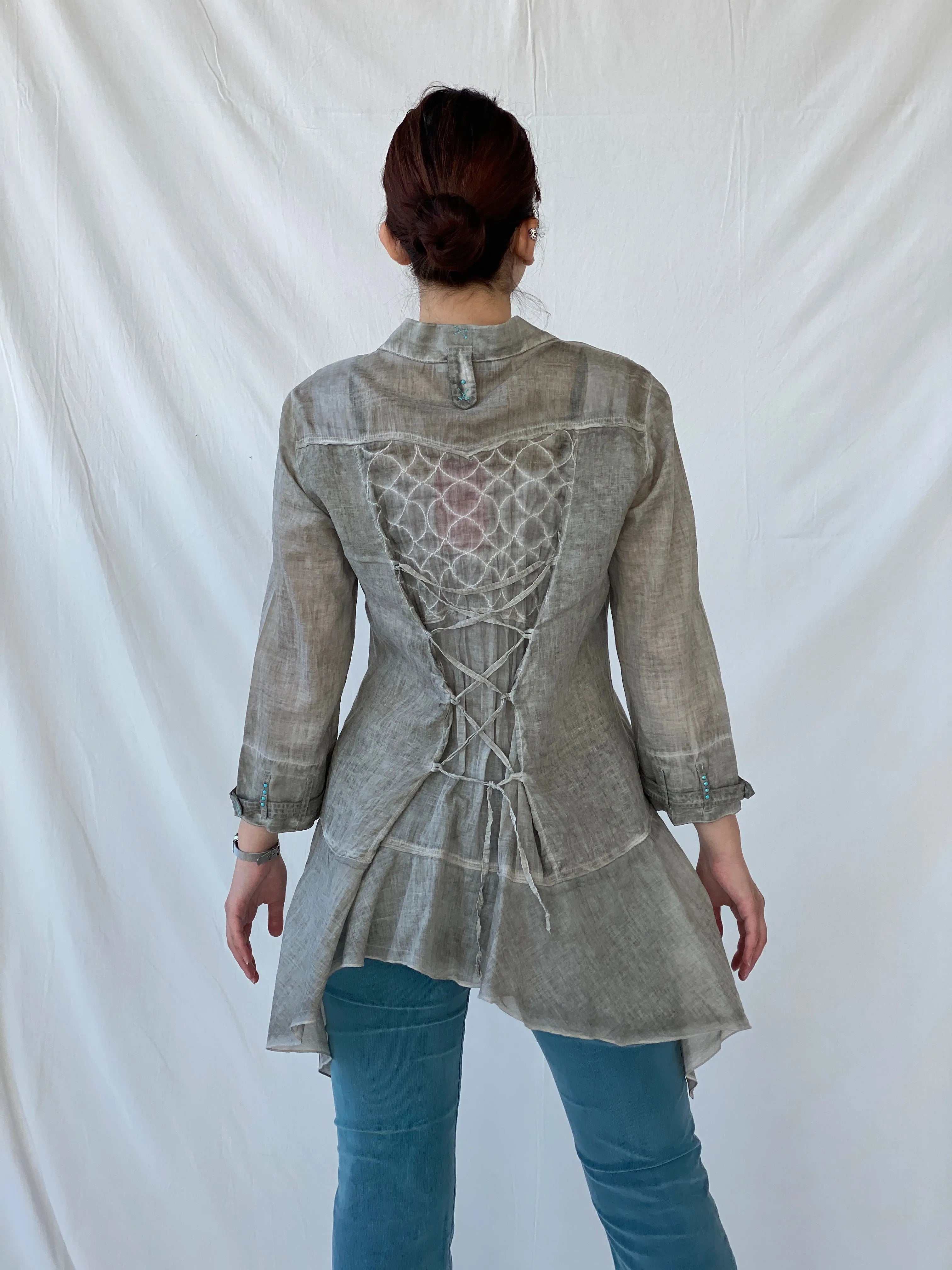 Vintage Elisa Cavaletti Designer Sheer Cotton Whimsygoth Gray Shirt - L - Balagan Vintage Full Sleeve Shirt Ayah, full sleeve shirt, sheer, sheer shirt
