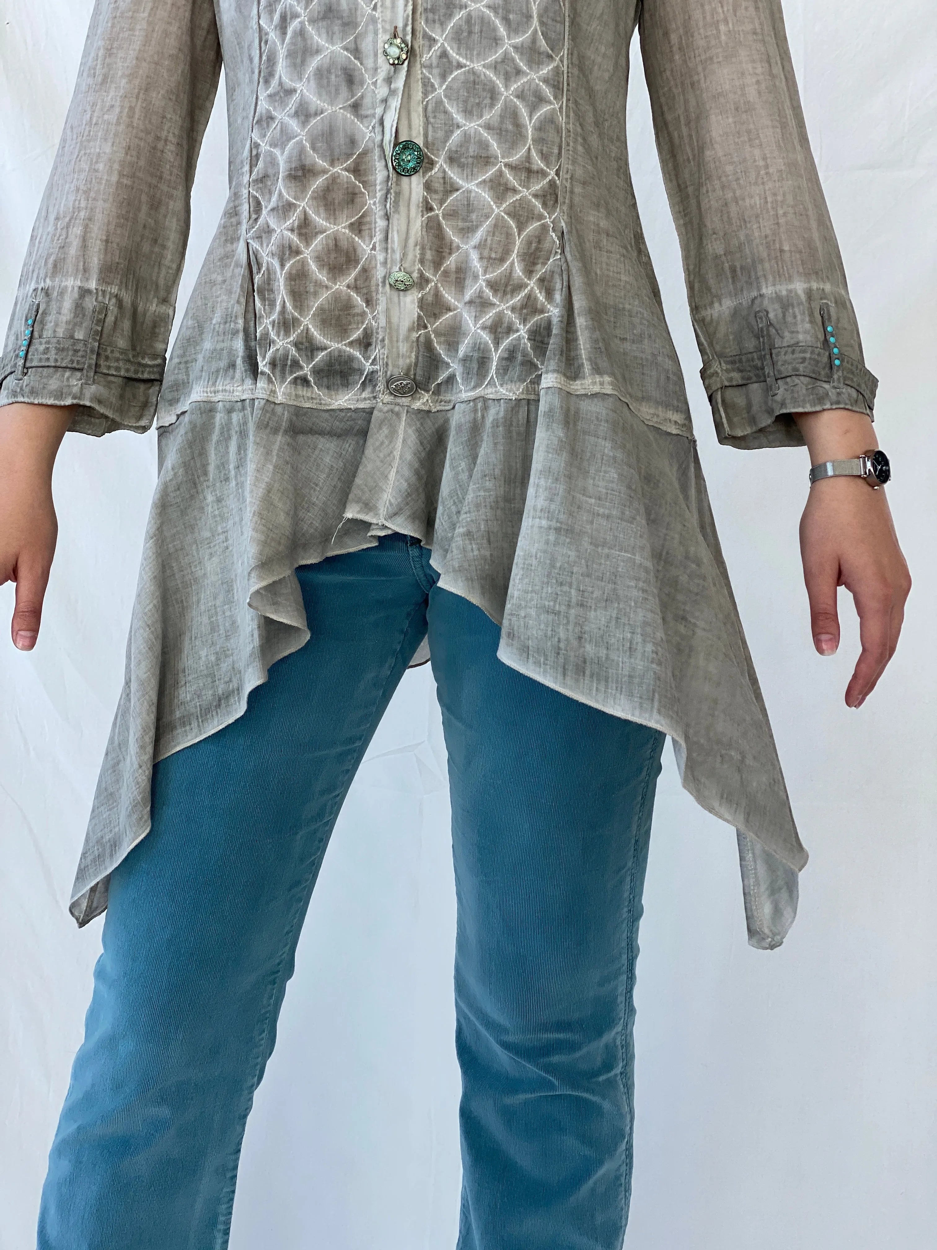 Vintage Elisa Cavaletti Designer Sheer Cotton Whimsygoth Gray Shirt - L - Balagan Vintage Full Sleeve Shirt Ayah, full sleeve shirt, sheer, sheer shirt