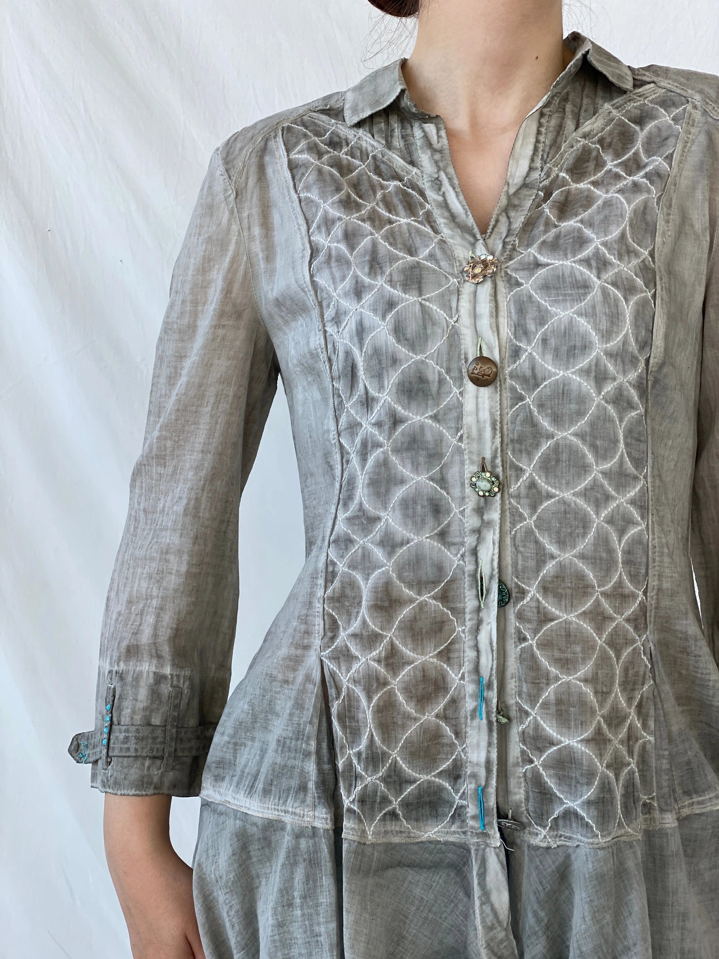Vintage Elisa Cavaletti Designer Sheer Cotton Whimsygoth Gray Shirt - L - Balagan Vintage Full Sleeve Shirt Ayah, full sleeve shirt, sheer, sheer shirt