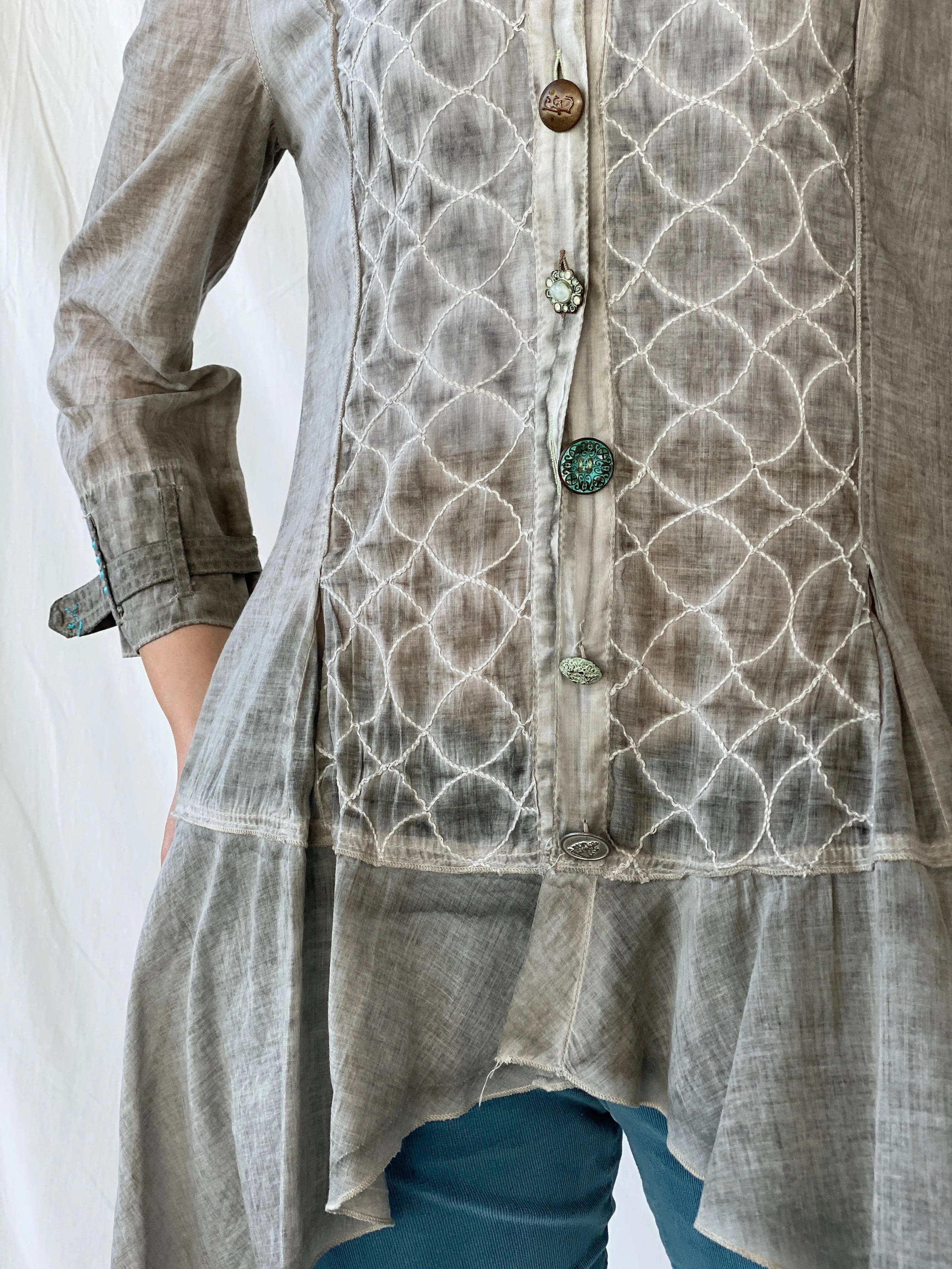 Vintage Elisa Cavaletti Designer Sheer Cotton Whimsygoth Gray Shirt - L - Balagan Vintage Full Sleeve Shirt Ayah, full sleeve shirt, sheer, sheer shirt