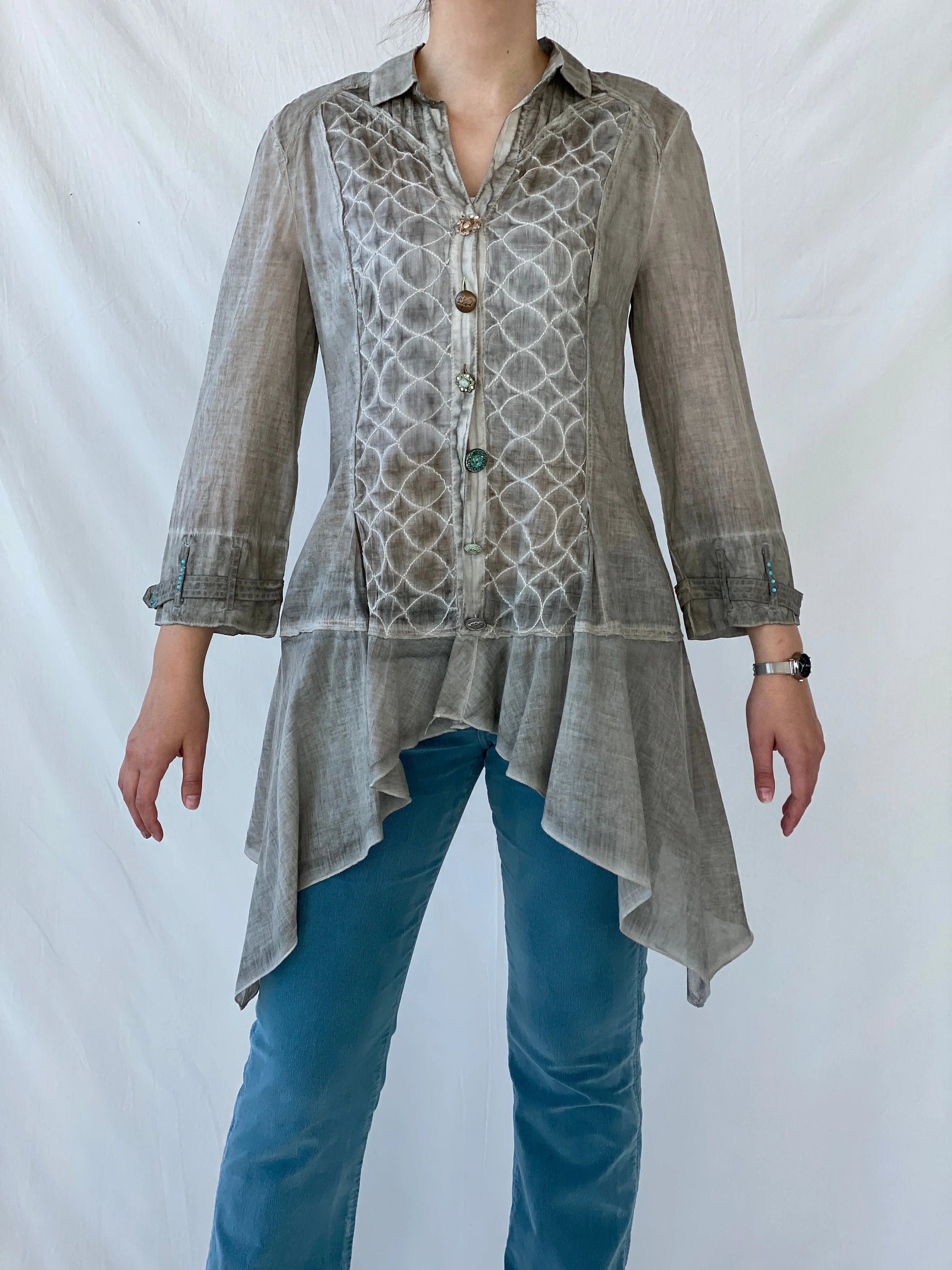 Vintage Elisa Cavaletti Designer Sheer Cotton Whimsygoth Gray Shirt - L - Balagan Vintage Full Sleeve Shirt Ayah, full sleeve shirt, sheer, sheer shirt