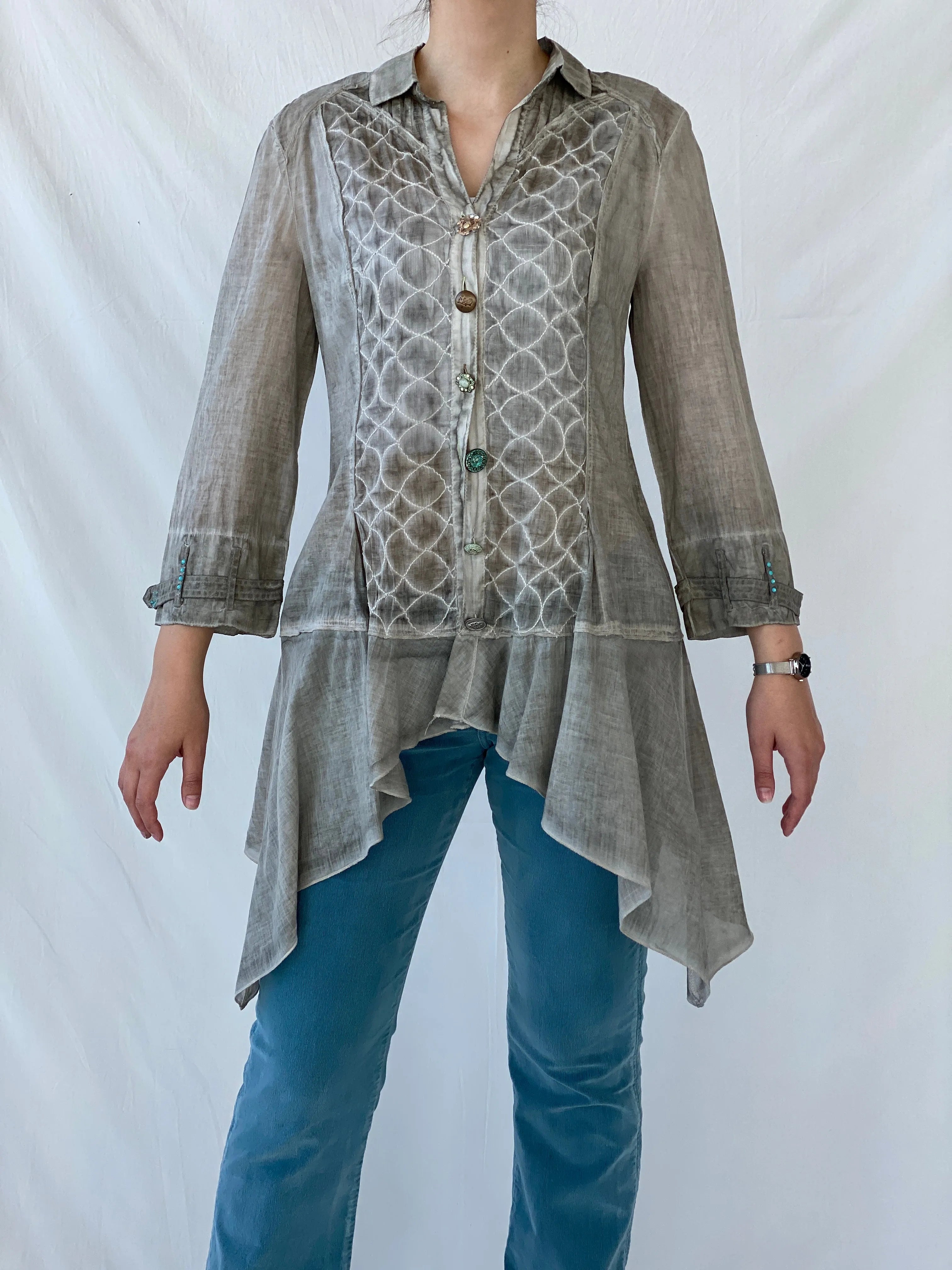 Vintage Elisa Cavaletti Designer Sheer Cotton Whimsygoth Gray Shirt - L - Balagan Vintage Full Sleeve Shirt Ayah, full sleeve shirt, sheer, sheer shirt