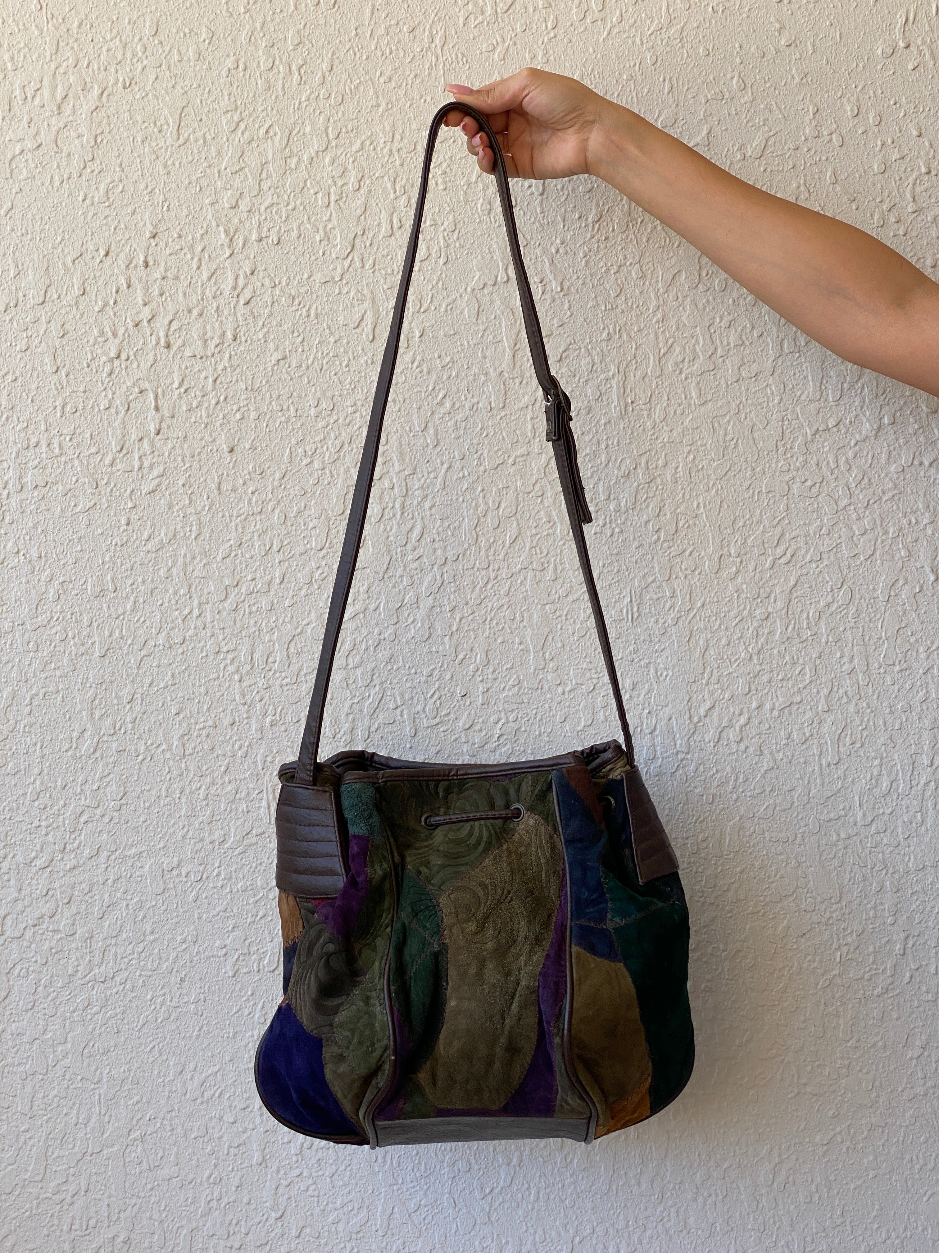 Vintage Embossed Leather Hippie Boho Patchwork Suede Shoulder Crossbody Bag - Balagan Vintage Shoulder Bag 00s, 90s, bag, Boho, leather, NEW IN, shoulder bag, Y2K
