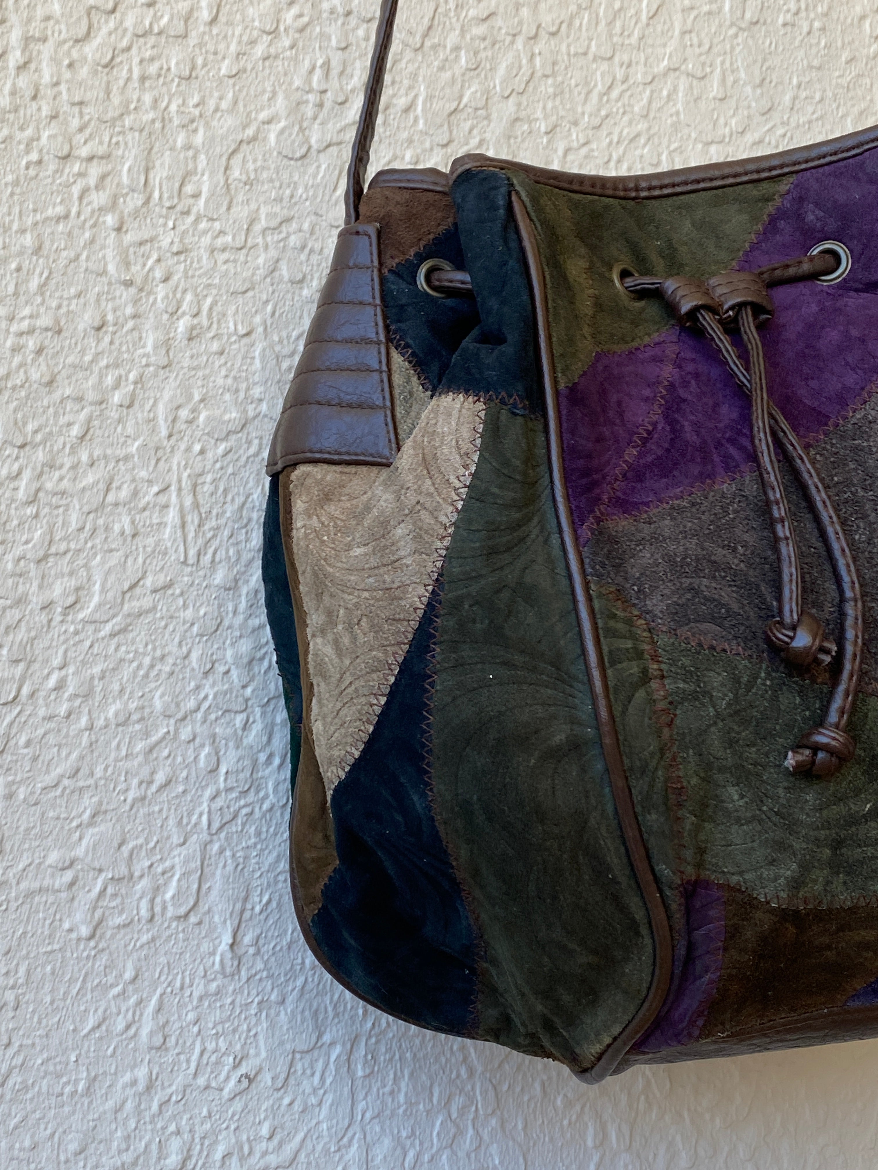 Vintage Embossed Leather Hippie Boho Patchwork Suede Shoulder Crossbody Bag - Balagan Vintage Shoulder Bag 00s, 90s, bag, Boho, leather, NEW IN, shoulder bag, Y2K