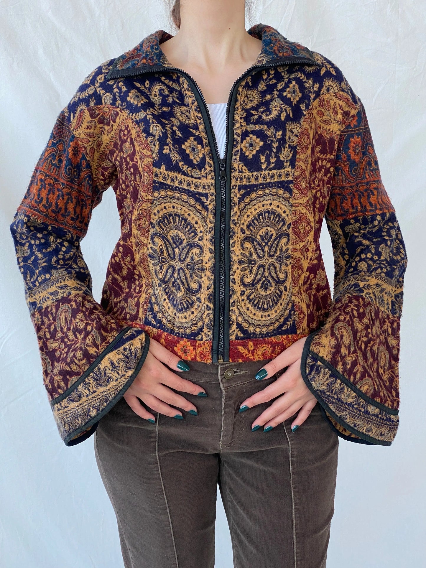 Vintage Embroidered Boho Print Women’s Wool Zip Up Cardigan Jacket - L - Balagan Vintage Jacket 90s, Ayah, Boho, jacket, vintage, vintage jacket, wool