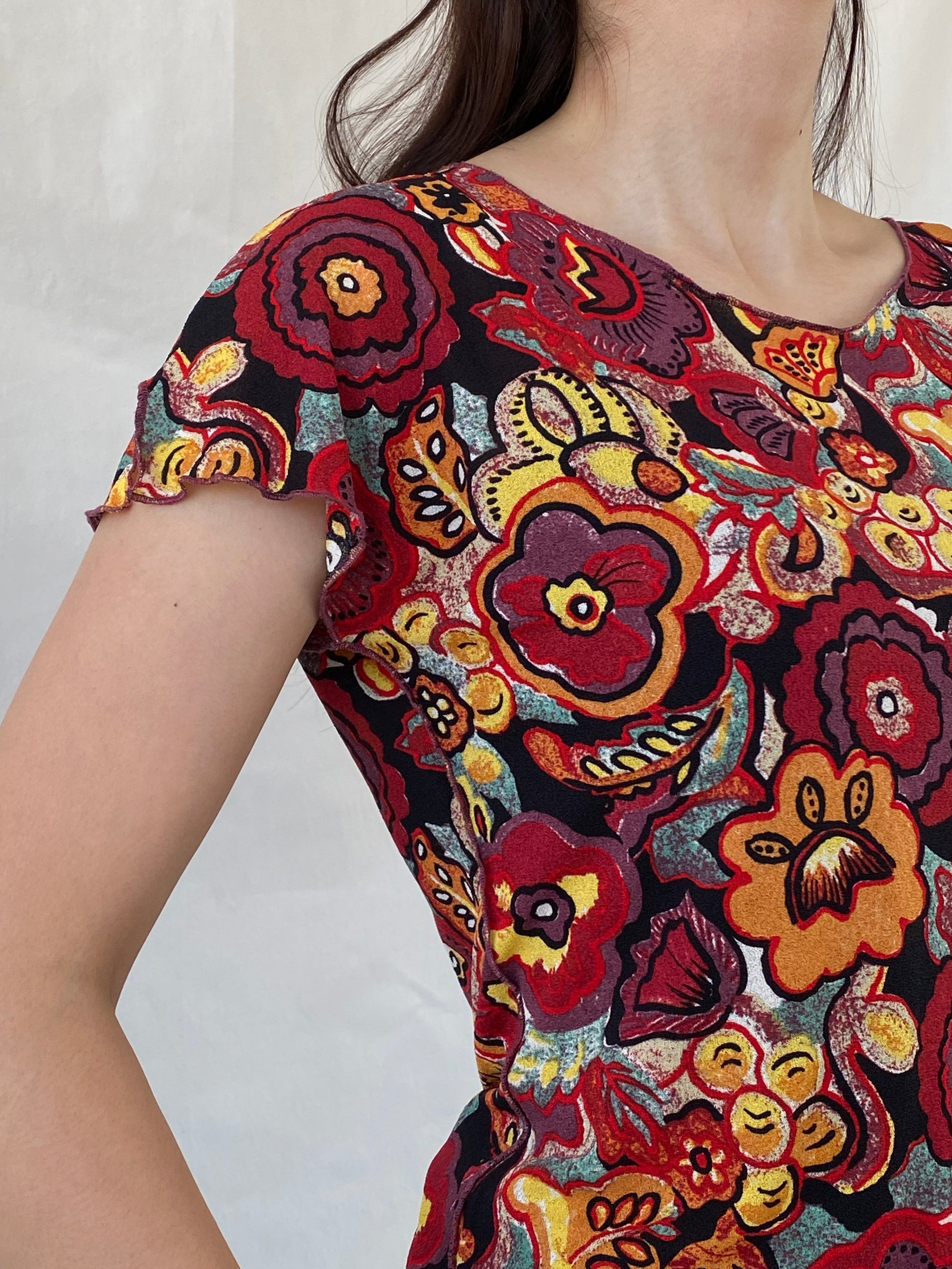 Vintage EMMA PERNELLE Groovy Floral Multicolor Mesh Top - XL - Balagan Vintage Half Sleeve Top 00s, Ayah, beaded, NEW IN, summer, women top