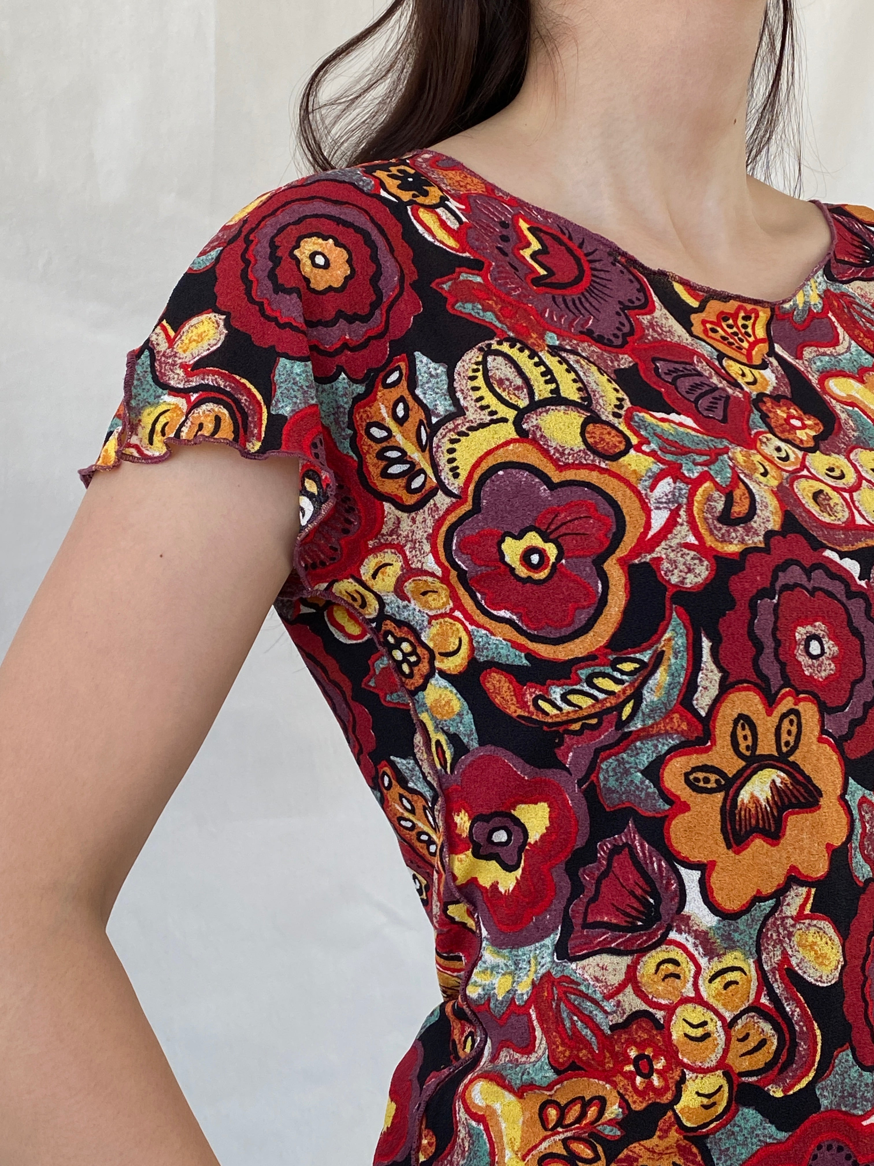 Vintage EMMA PERNELLE Groovy Floral Multicolor Mesh Top - XL - Balagan Vintage Half Sleeve Top 00s, Ayah, beaded, NEW IN, summer, women top