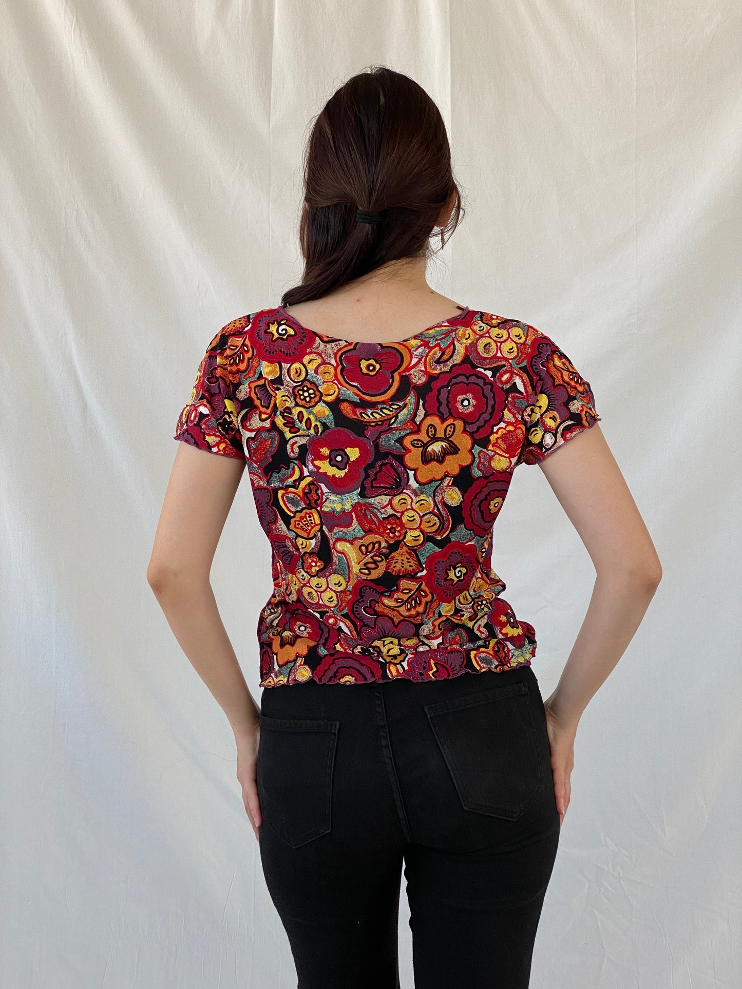 Vintage EMMA PERNELLE Groovy Floral Multicolor Mesh Top - XL - Balagan Vintage Half Sleeve Top 00s, Ayah, beaded, NEW IN, summer, women top
