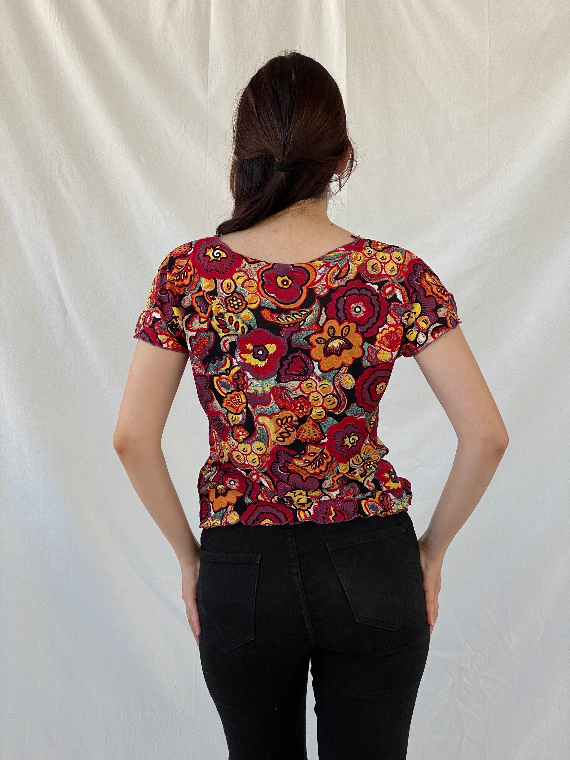 Vintage EMMA PERNELLE Groovy Floral Multicolor Mesh Top - XL - Balagan Vintage Half Sleeve Top 00s, Ayah, beaded, NEW IN, summer, women top
