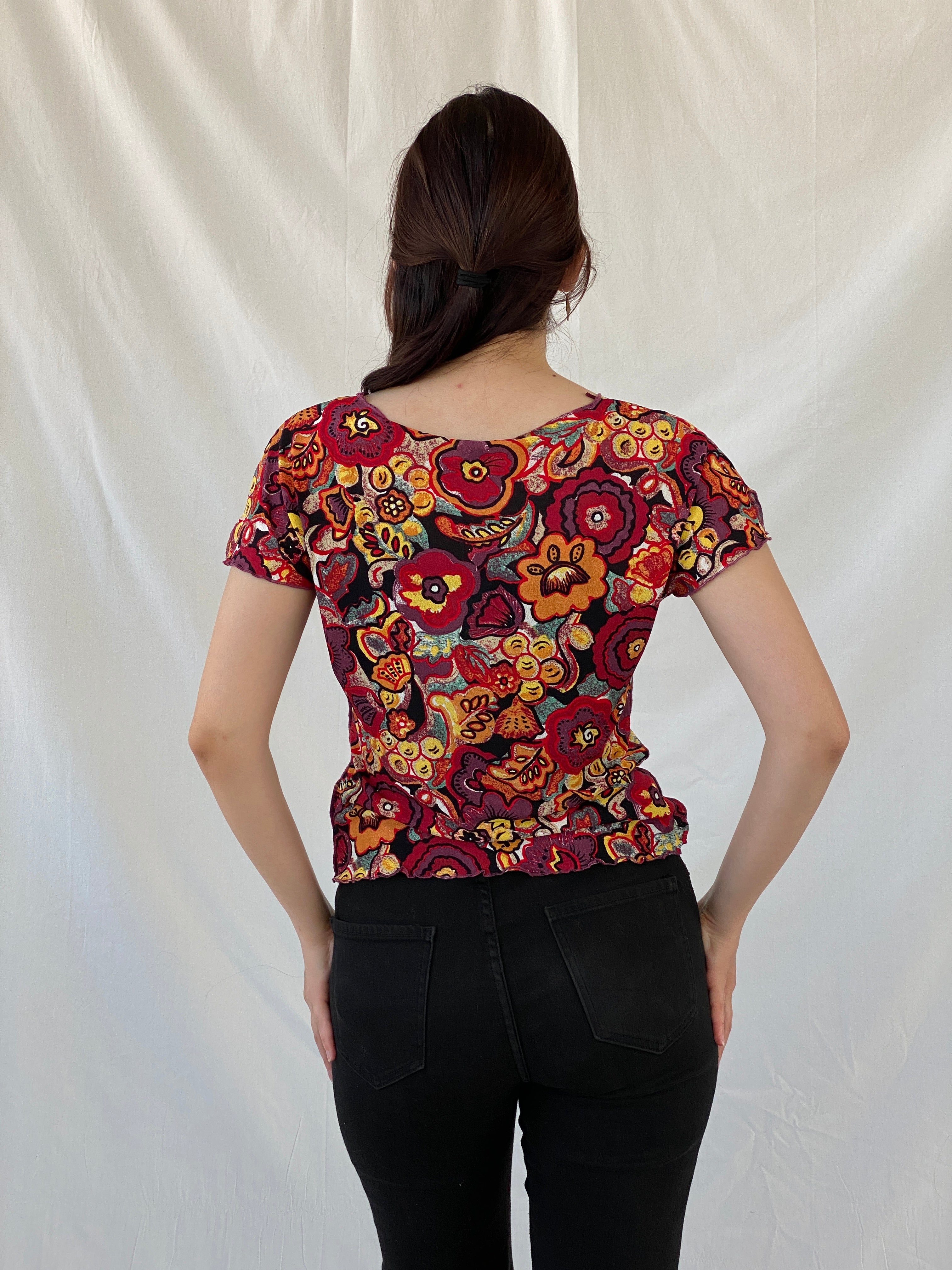 Vintage EMMA PERNELLE Groovy Floral Multicolor Mesh Top - XL - Balagan Vintage Half Sleeve Top 00s, Ayah, beaded, NEW IN, summer, women top