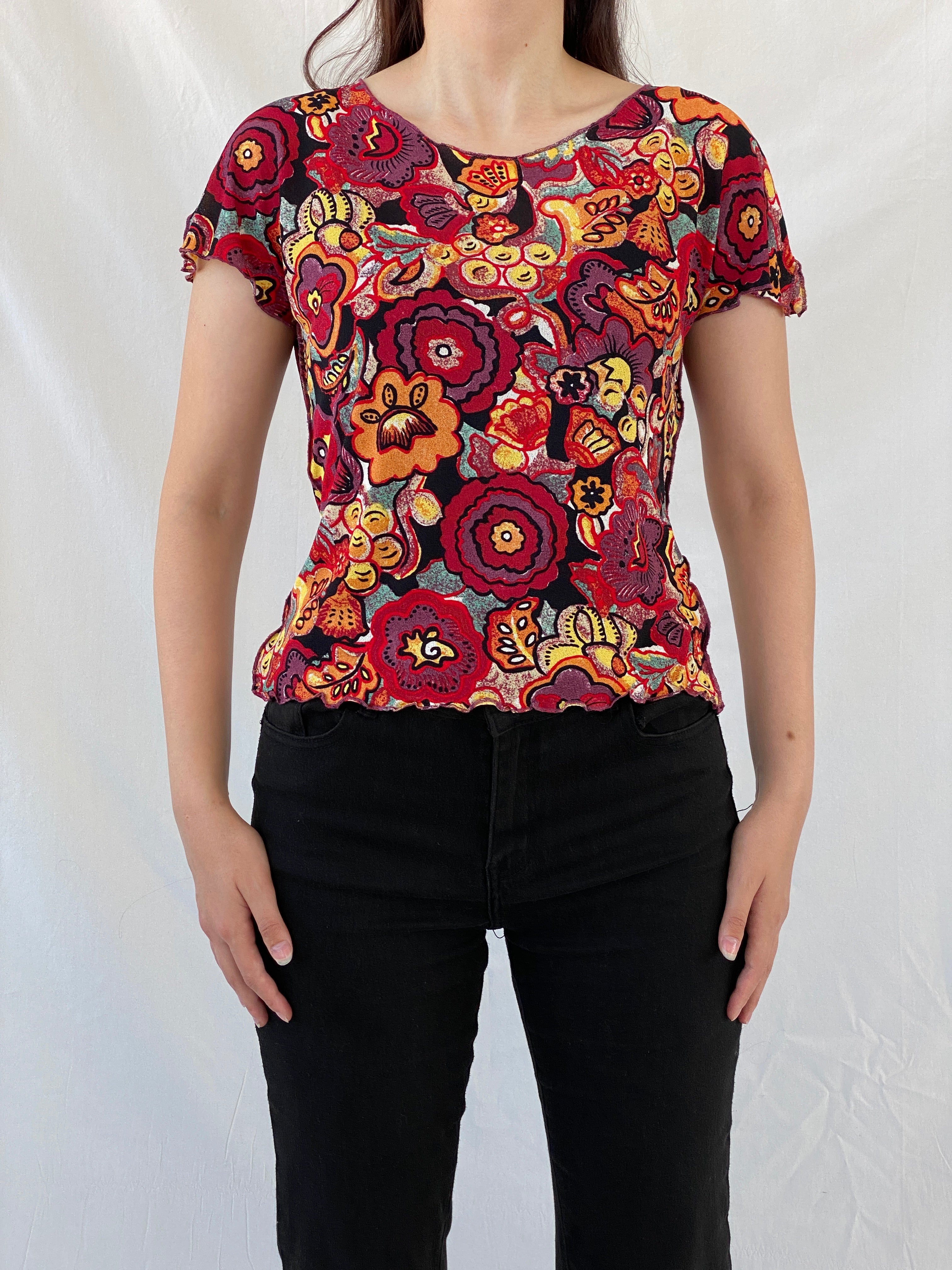 Vintage EMMA PERNELLE Groovy Floral Multicolor Mesh Top - XL - Balagan Vintage Half Sleeve Top 00s, Ayah, beaded, NEW IN, summer, women top