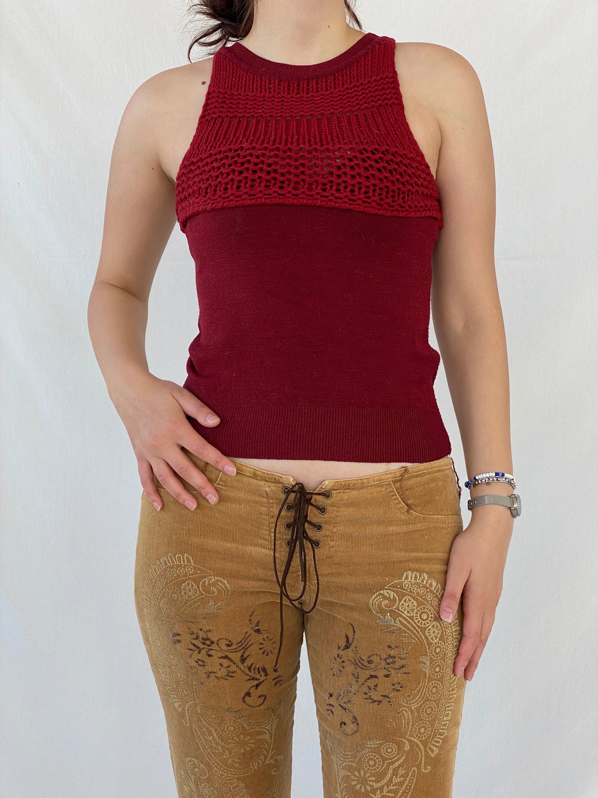 Vintage Exit Woman Wool Blend Red Crochet Sleeveless Top - M - Balagan Vintage Sleeveless Top Ayah, crochet, knit, knitted, women top