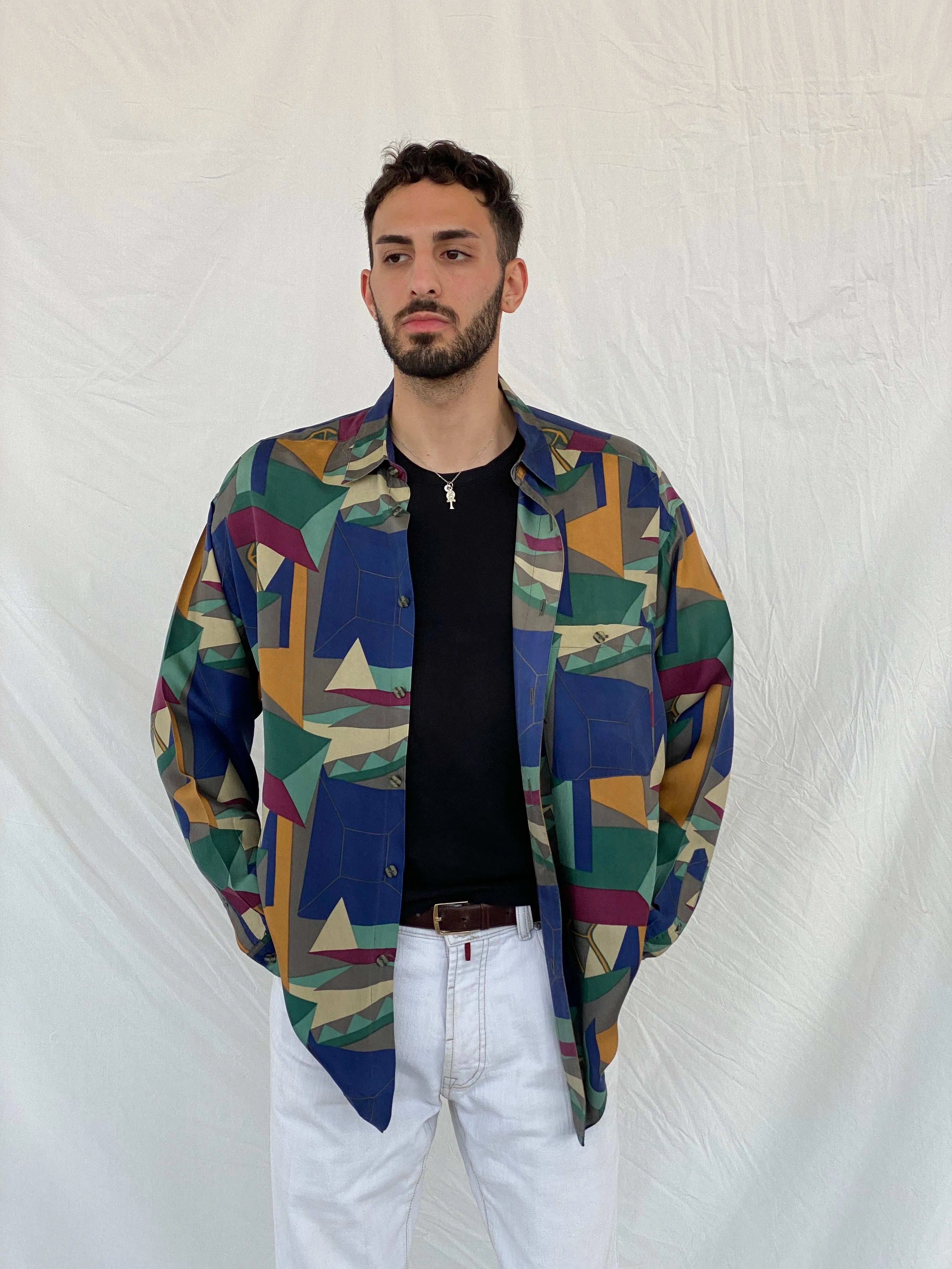Vintage Expression Geometric Print Full Sleeve Shirt Size L - Balagan Vintage Full Sleeve Shirt 00s, 90s, Awsam, full sleeve shirt, printed shirt, silk shirt